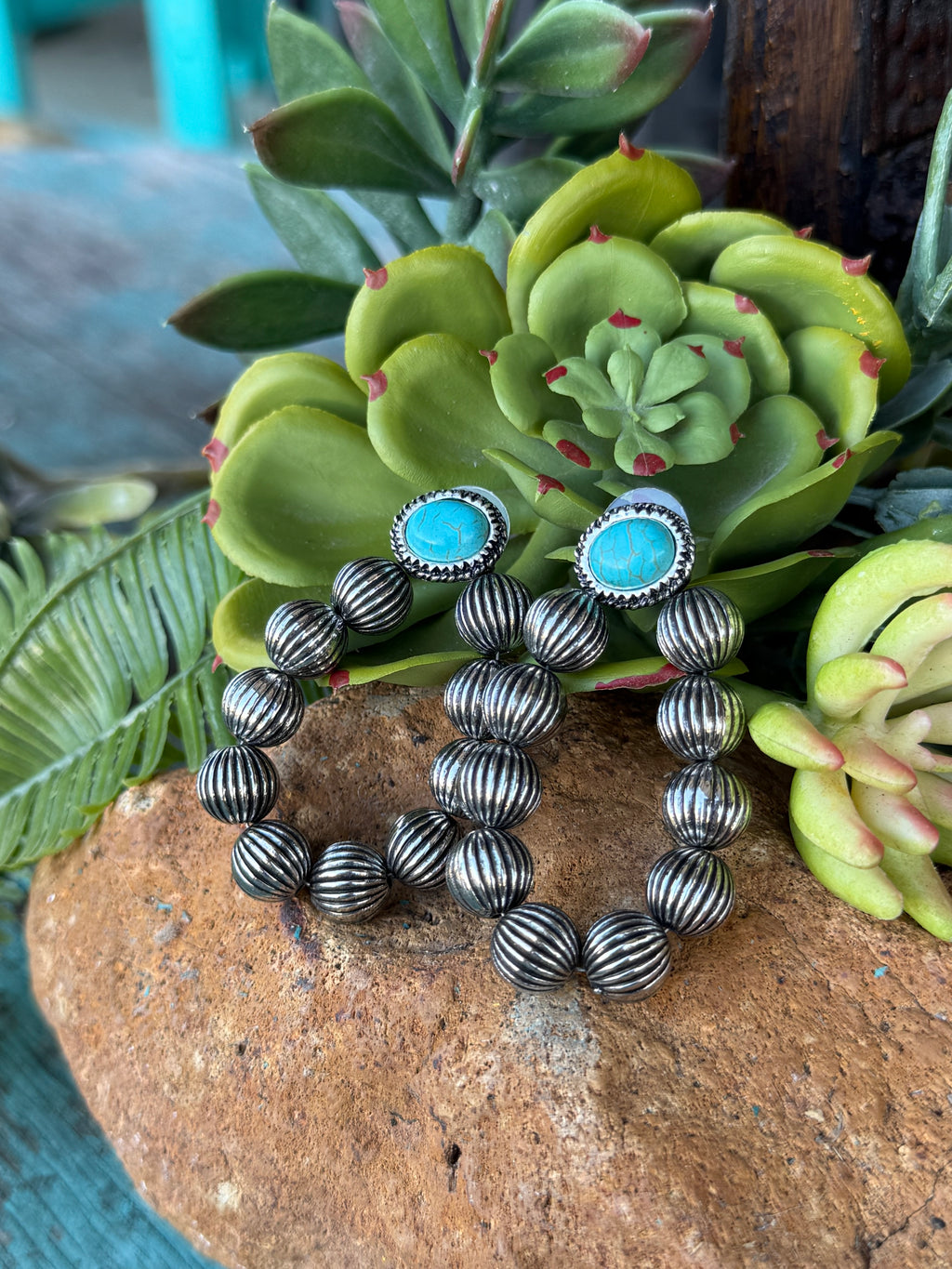 Silver Bead Turquoise Stone Earrings
