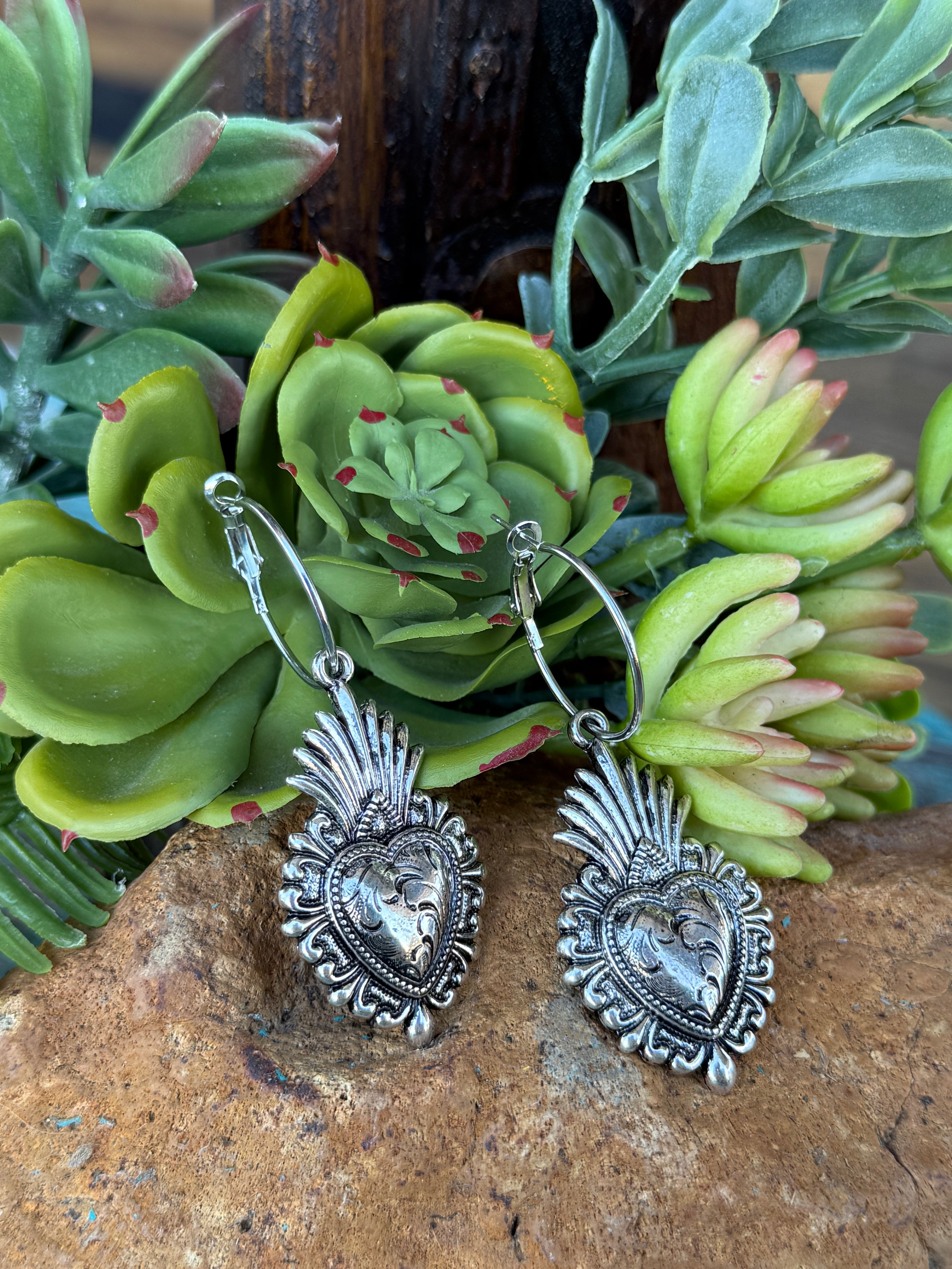 Silver Sacred Heart Earrings