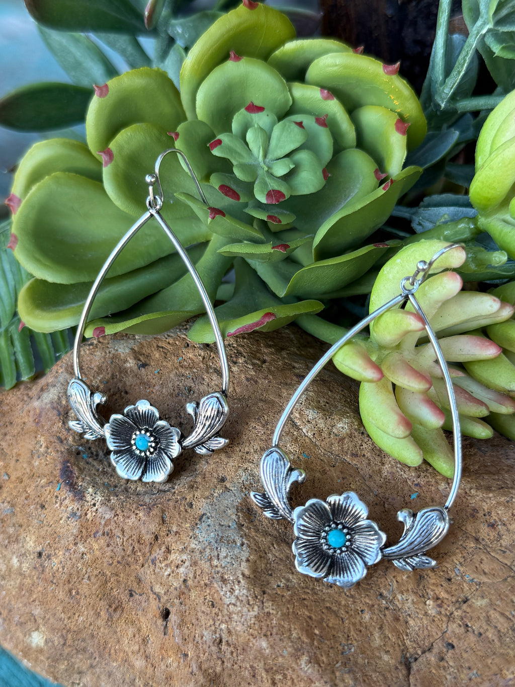 Turquoise Silver Flower Hoop Earrings
