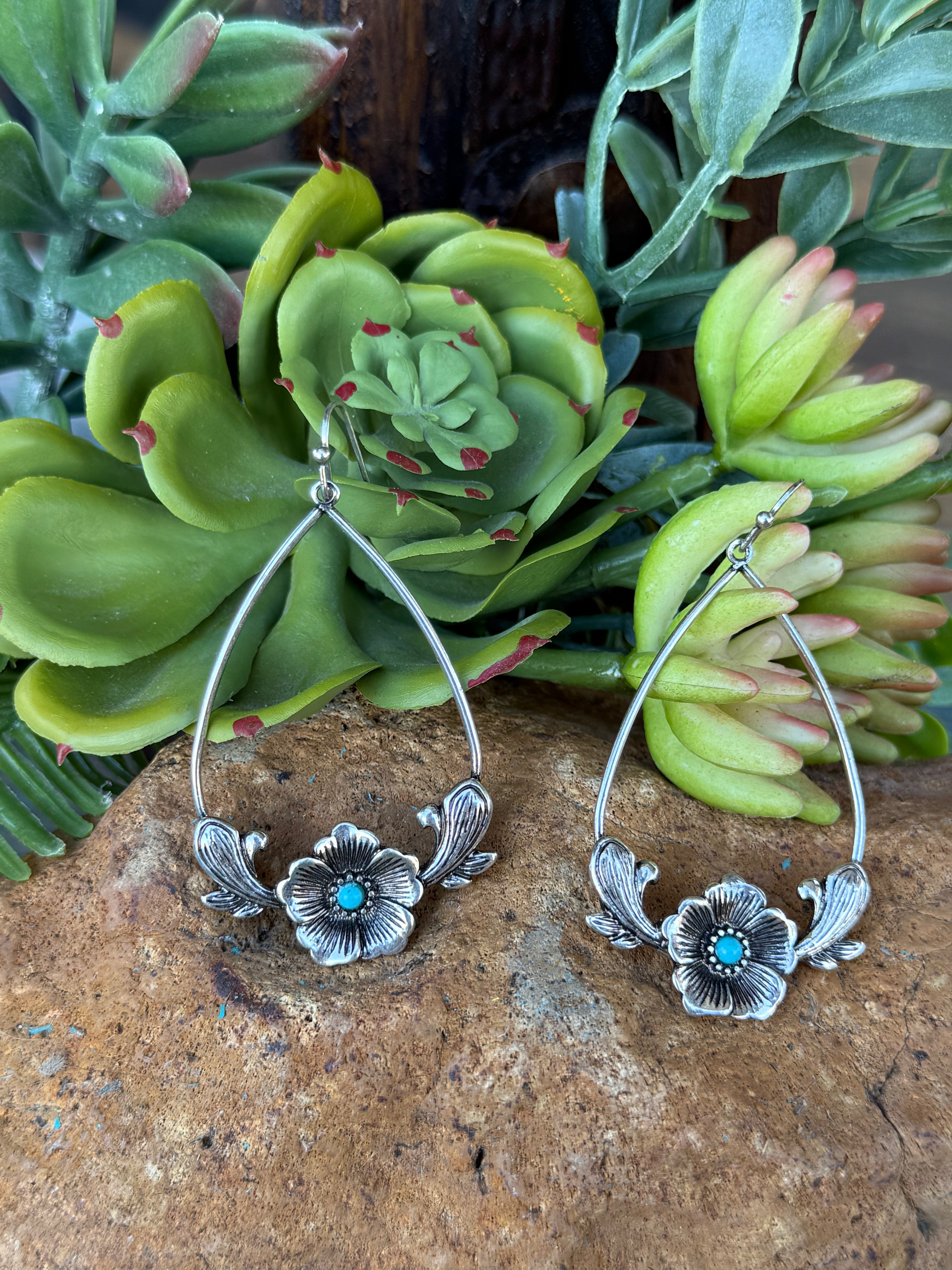 Turquoise Silver Flower Hoop Earrings