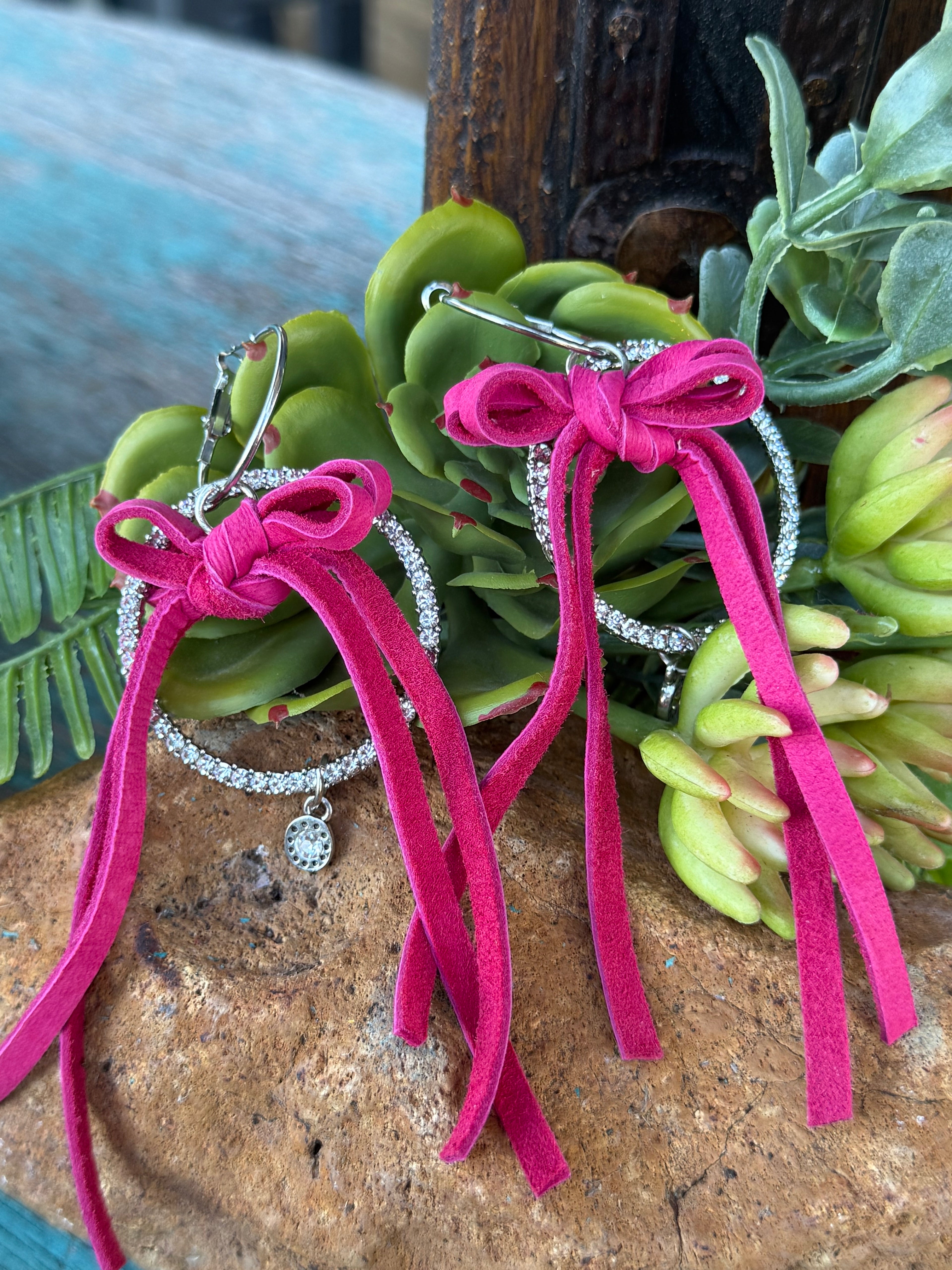 Pink Leather Bow Crystal Hoop Earrings