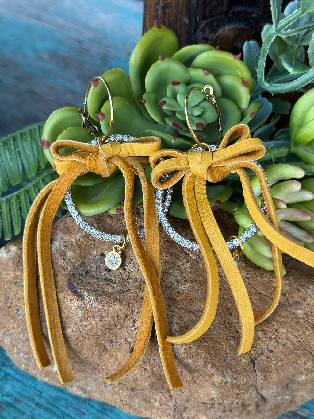 Mustard Leather Bow Crystal Hoop Earrings