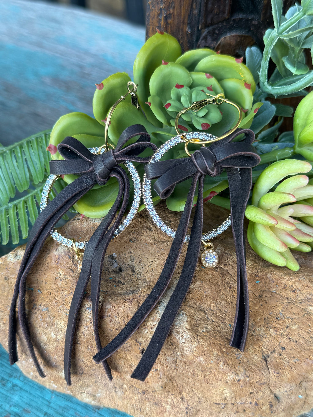 Brown Leather Bow Crystal Hoop Earrings