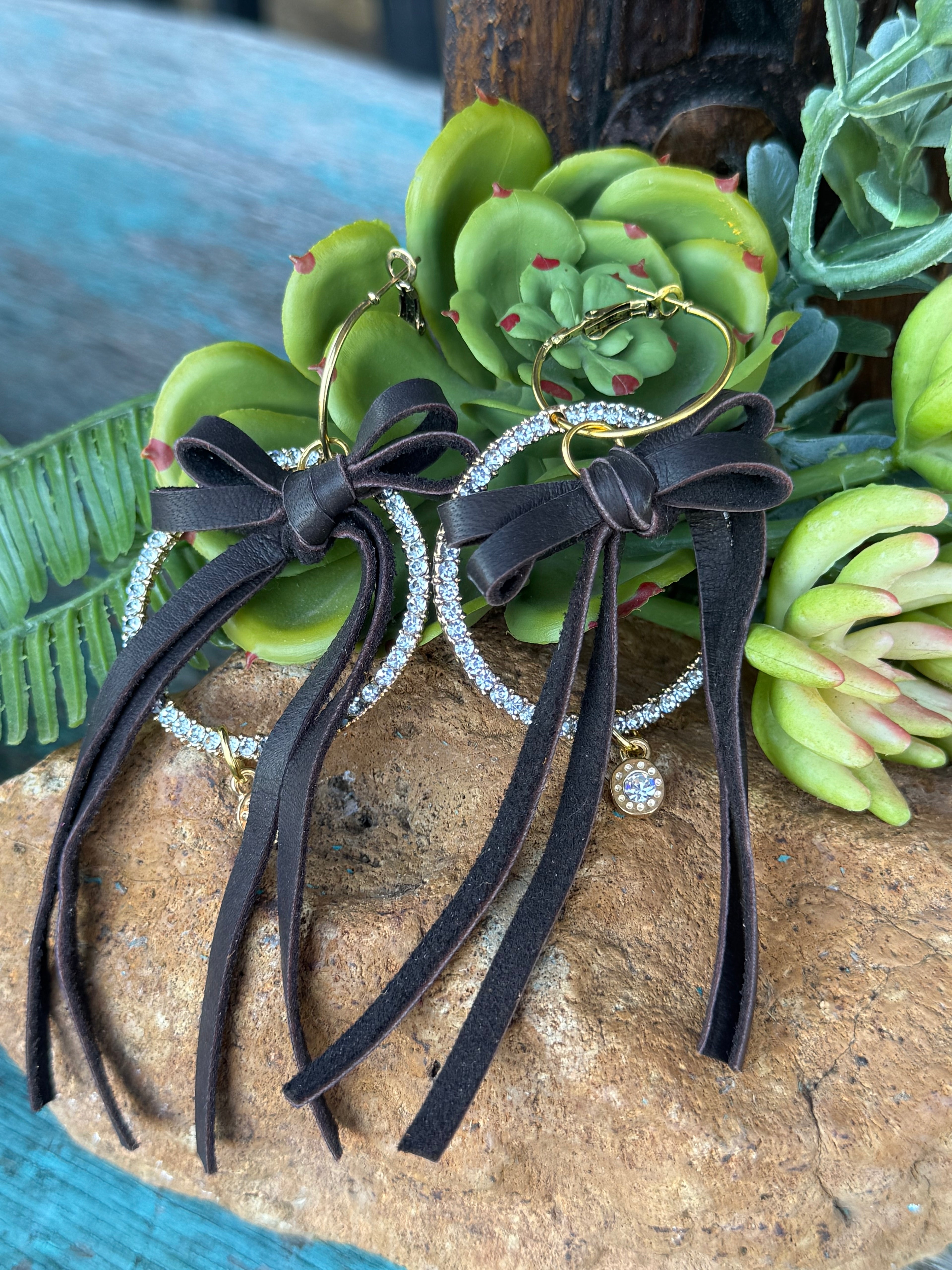 Brown Leather Bow Crystal Hoop Earrings