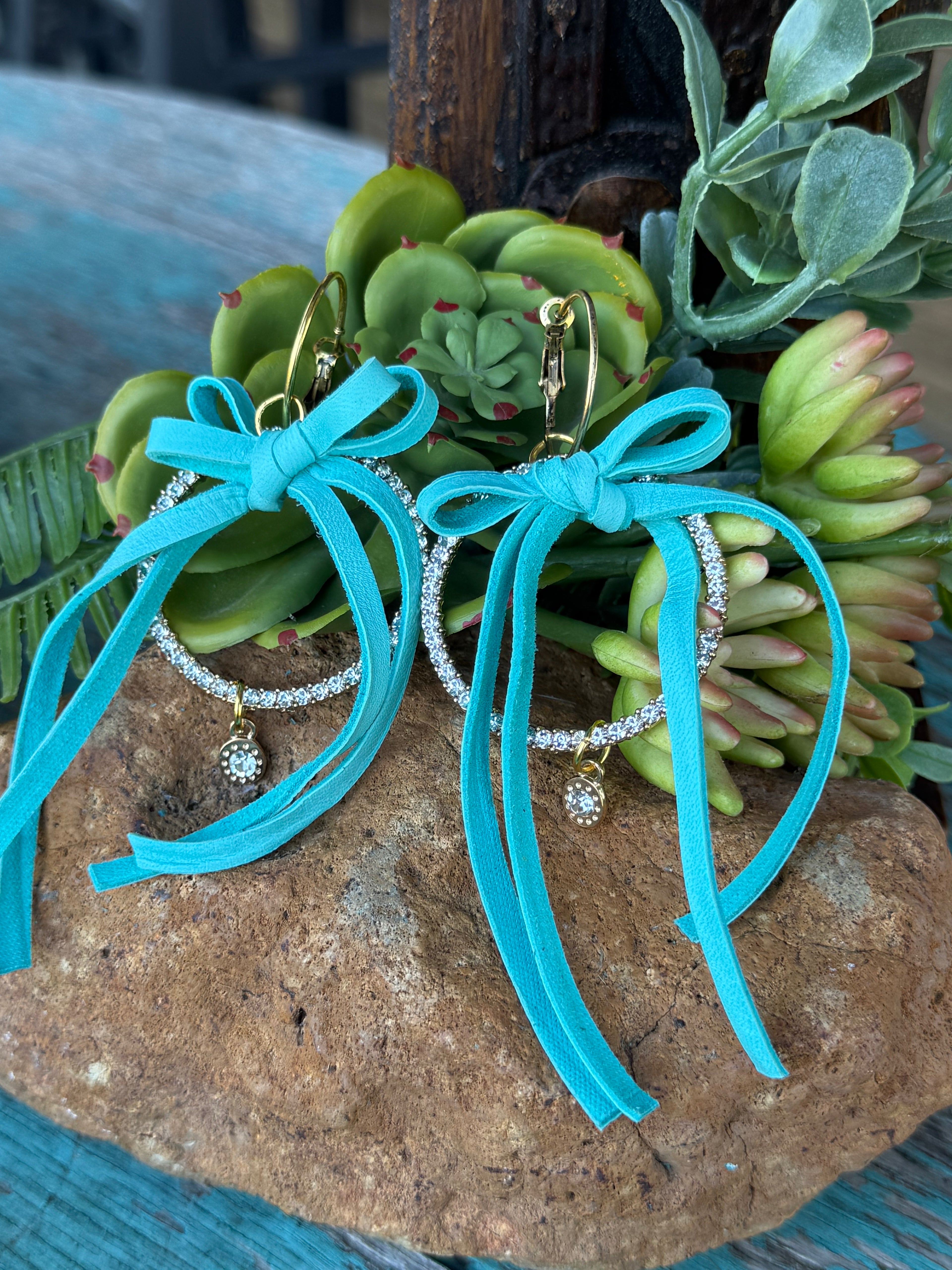 Turquoise Leather Bow Crystal Hoop Earrings