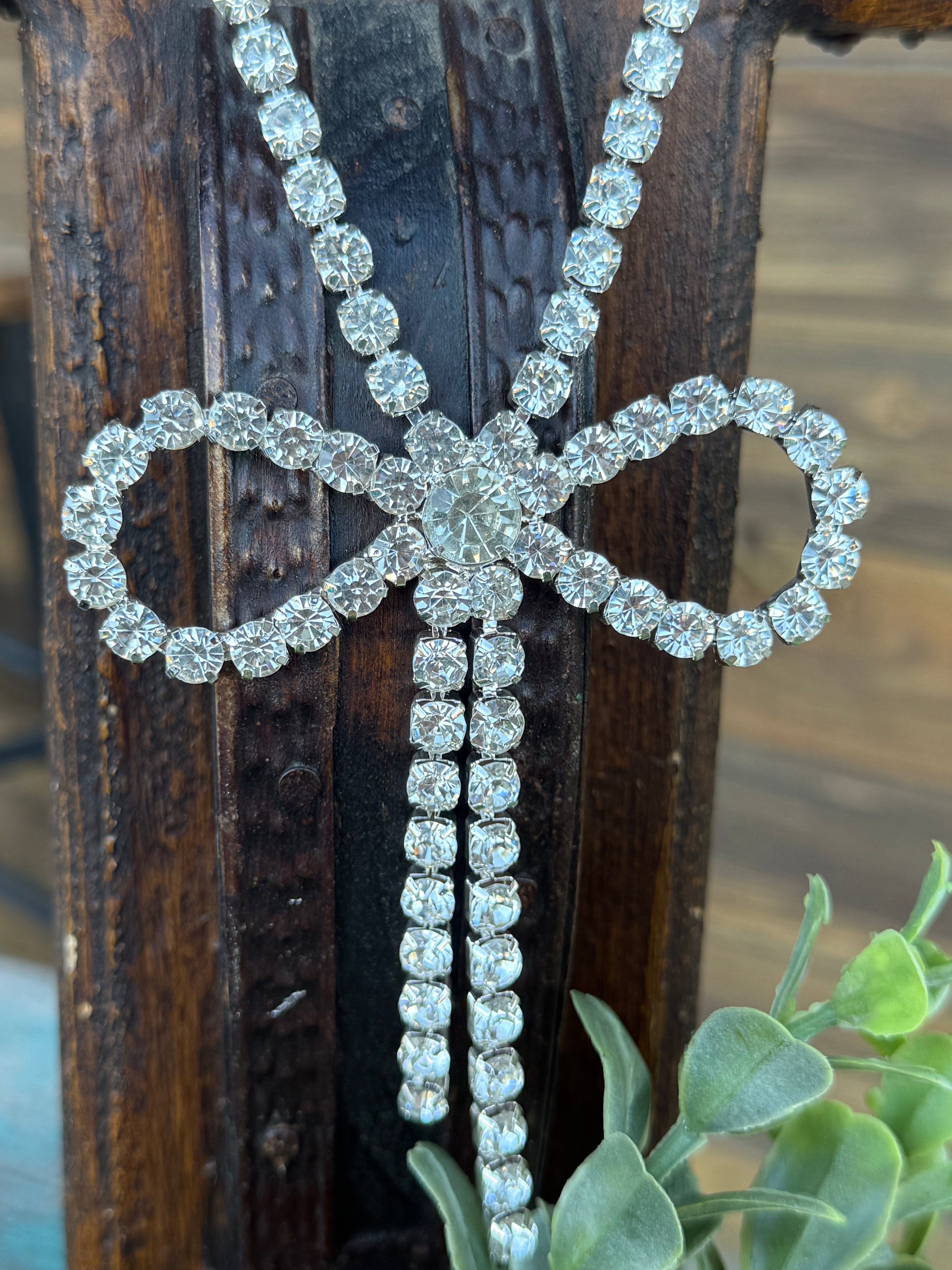 Clear Rhinestone Silver Bow Necklace
