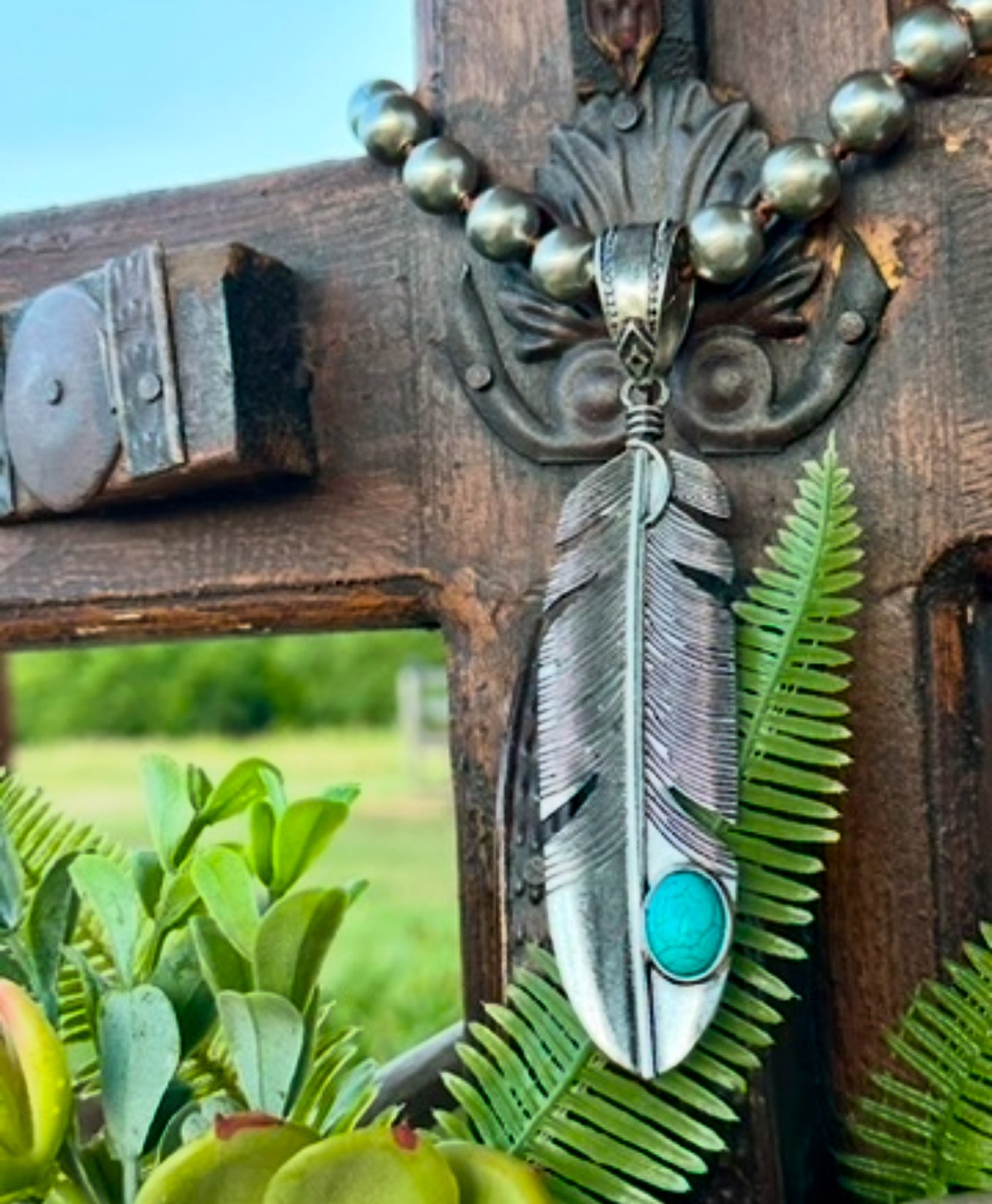 Silver Ball Chain with Silver/Turquoise Feather