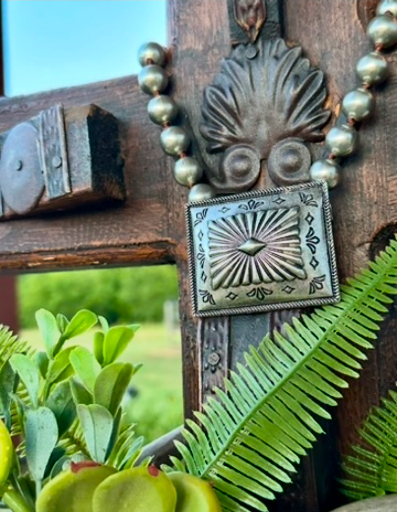 Silver Ball Chain Square Concho Necklace