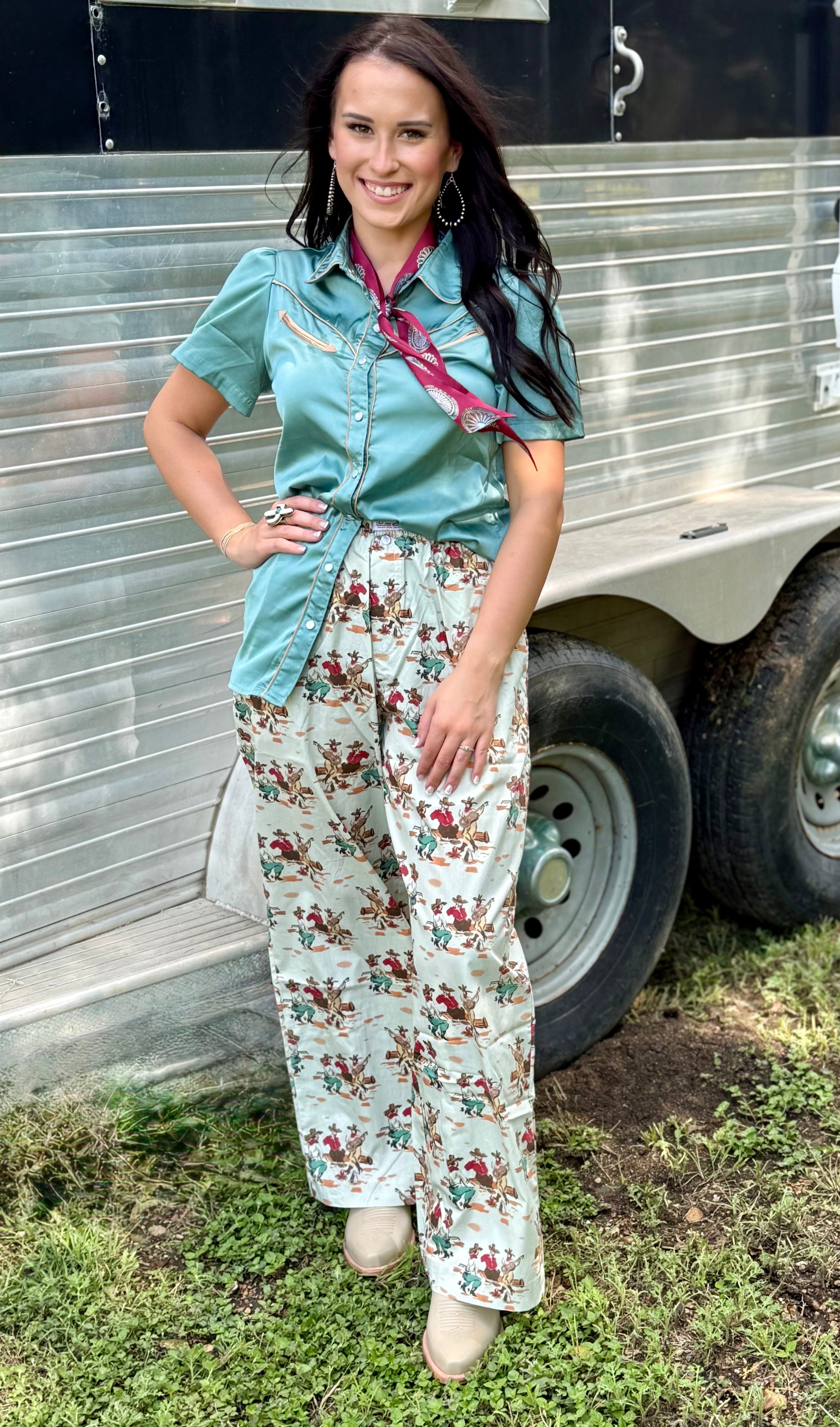 Teal Satin Short Sleeve Pearl Snap