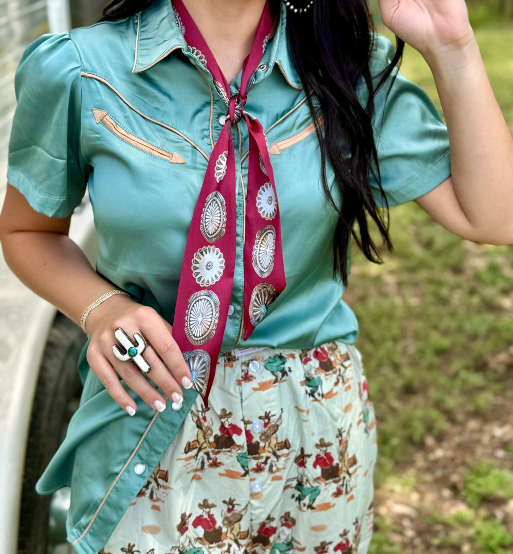 Teal Satin Short Sleeve Pearl Snap