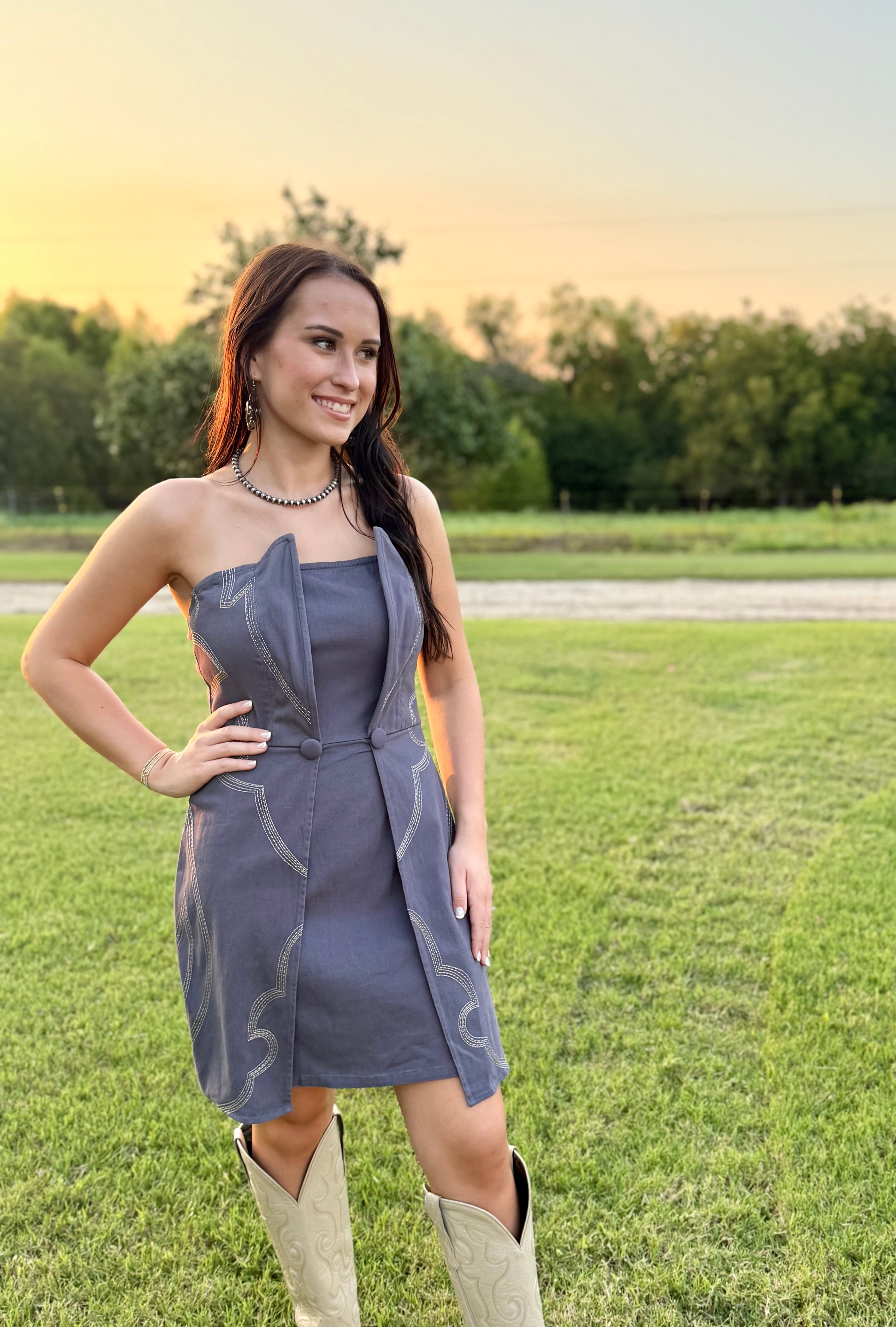 Charcoal Blue Stitch Strapless Dress