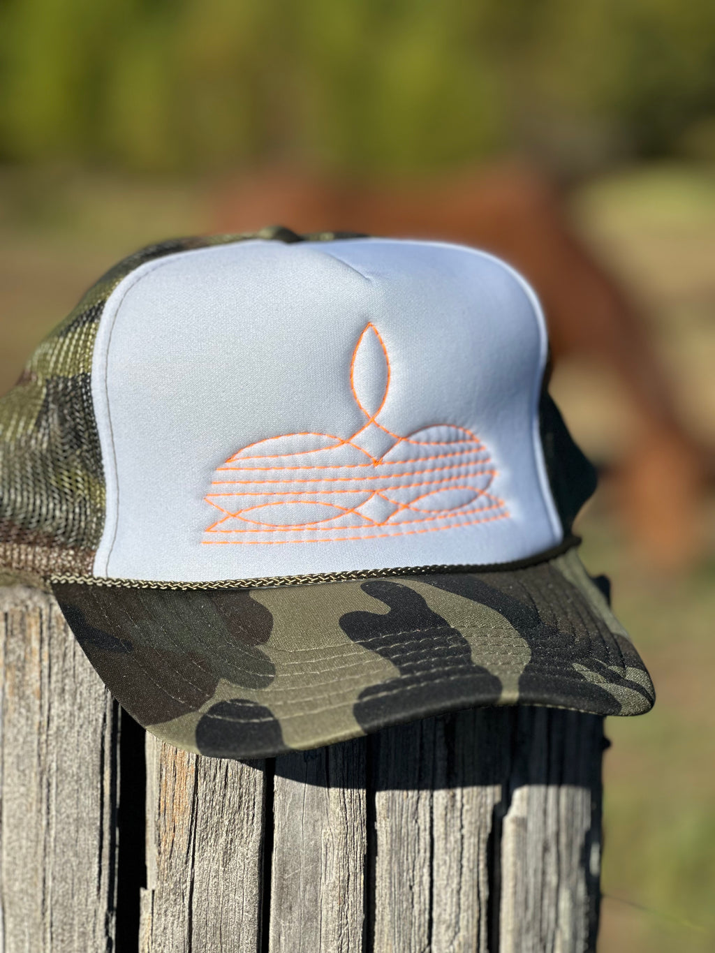 Camo Neon Orange Boot Stitch Hat