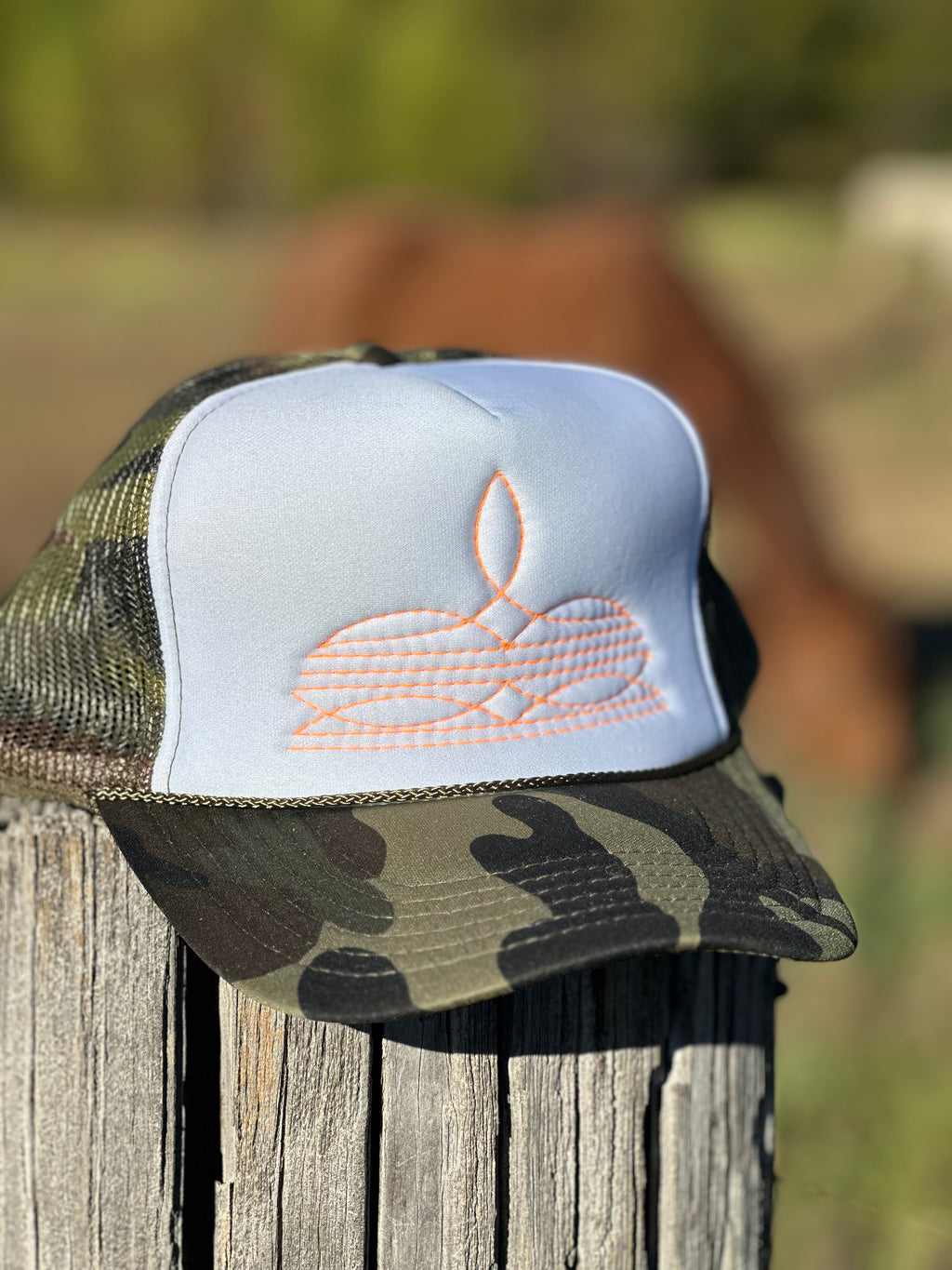 Camo Neon Orange Boot Stitch Hat