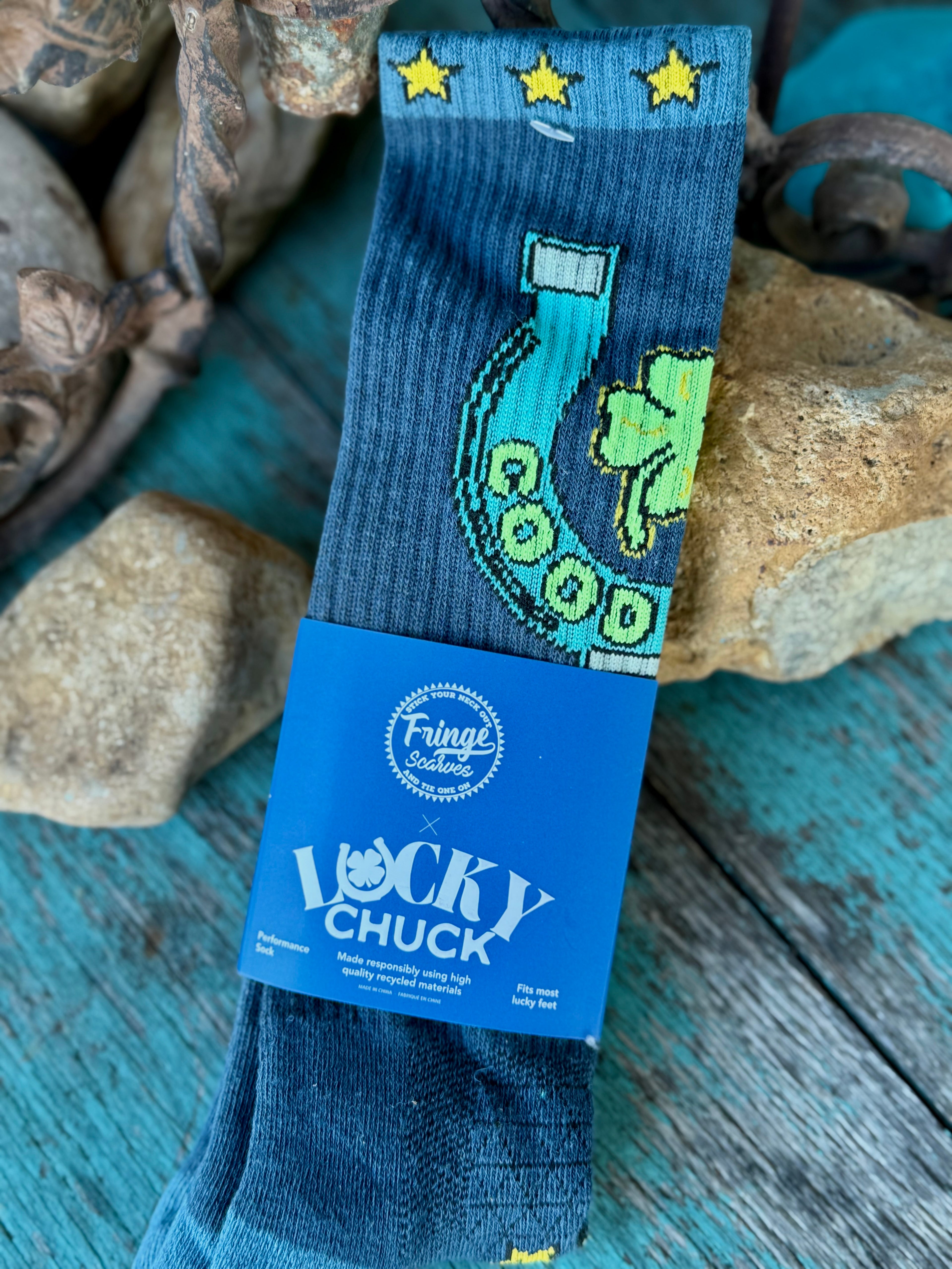 Fringe Lucky Blue Horseshoe Crew Socks