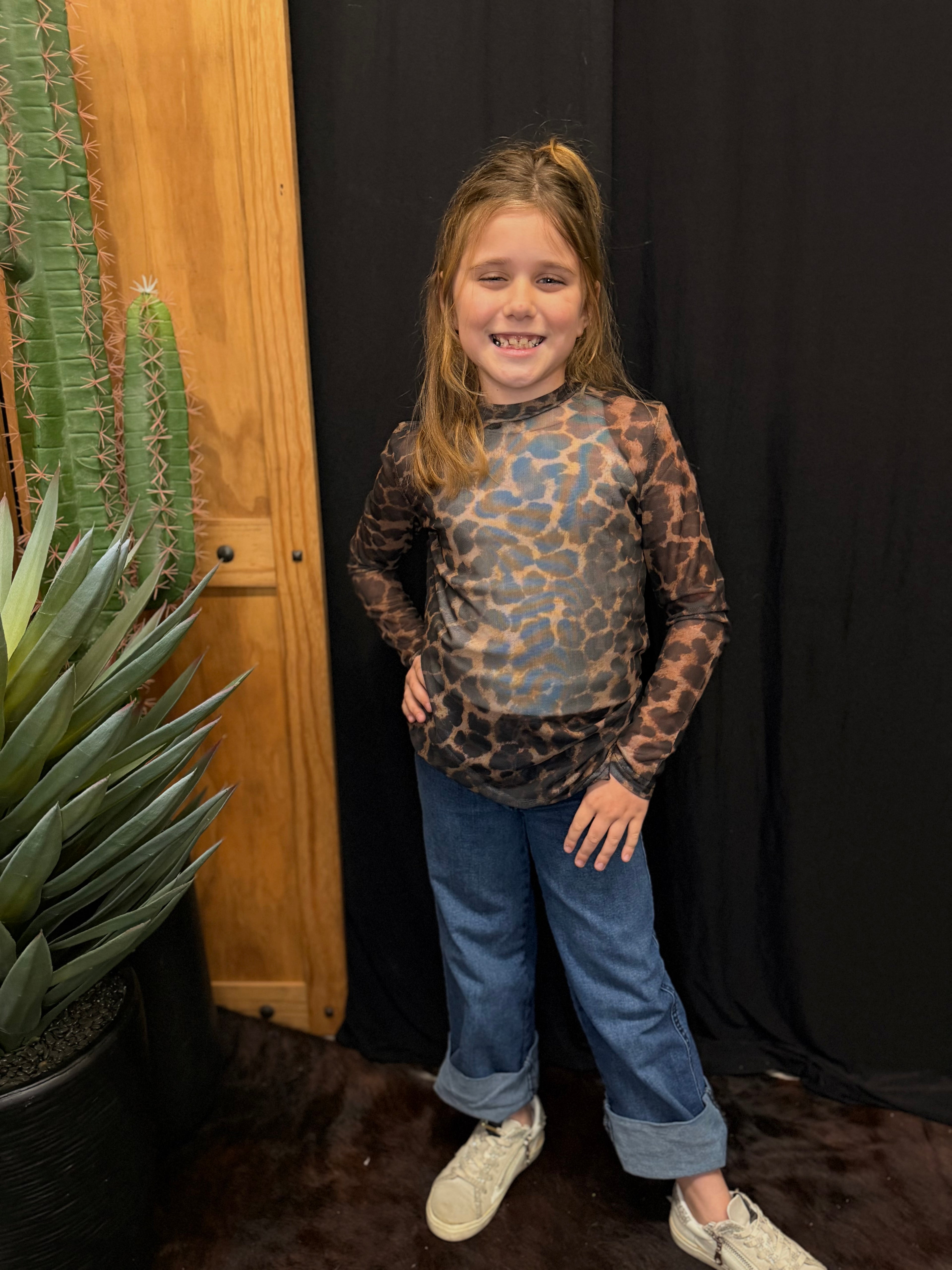 Youth Cheetah Long Sleeve Mesh Top
