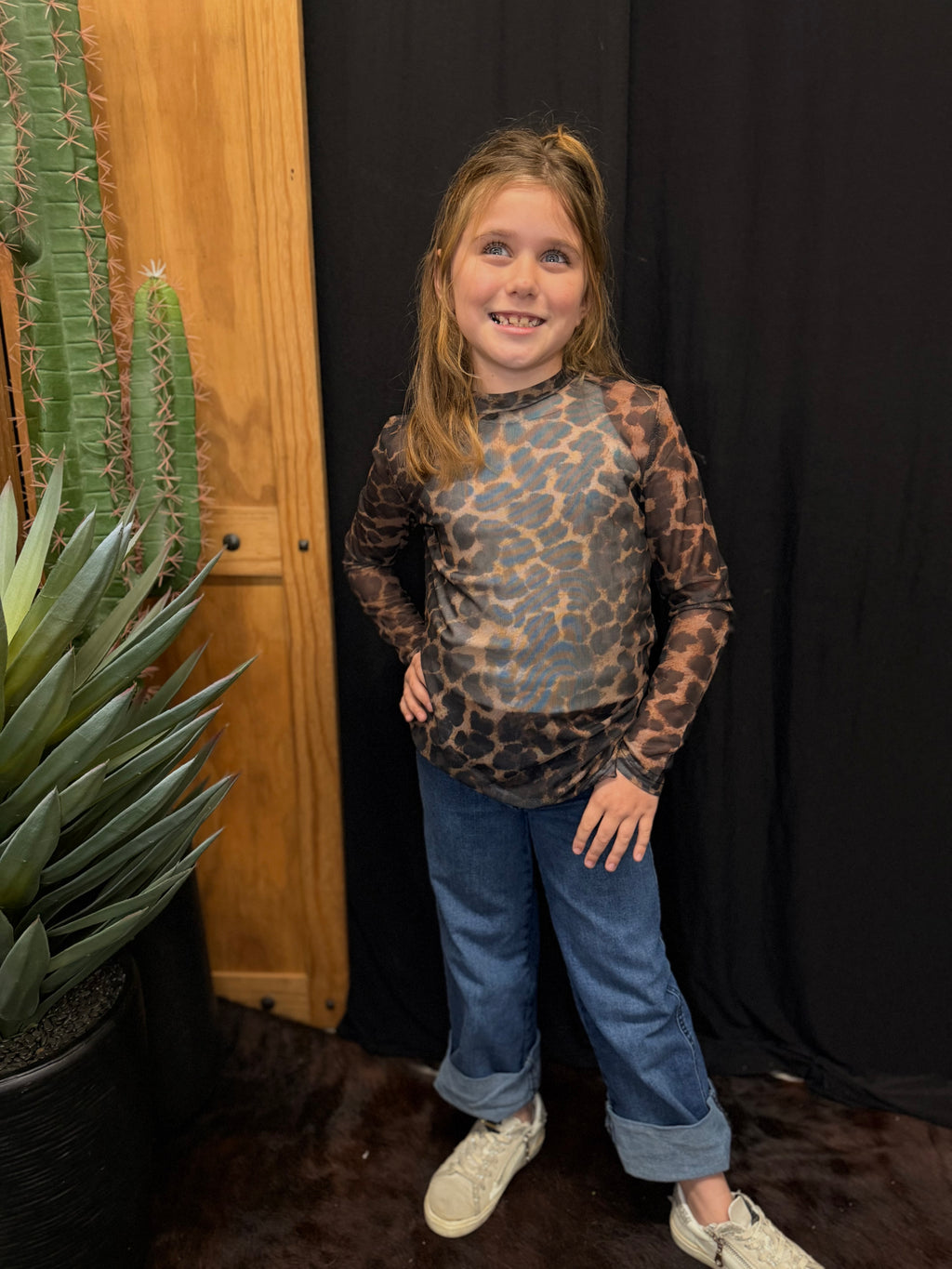 Youth Cheetah Long Sleeve Mesh Top