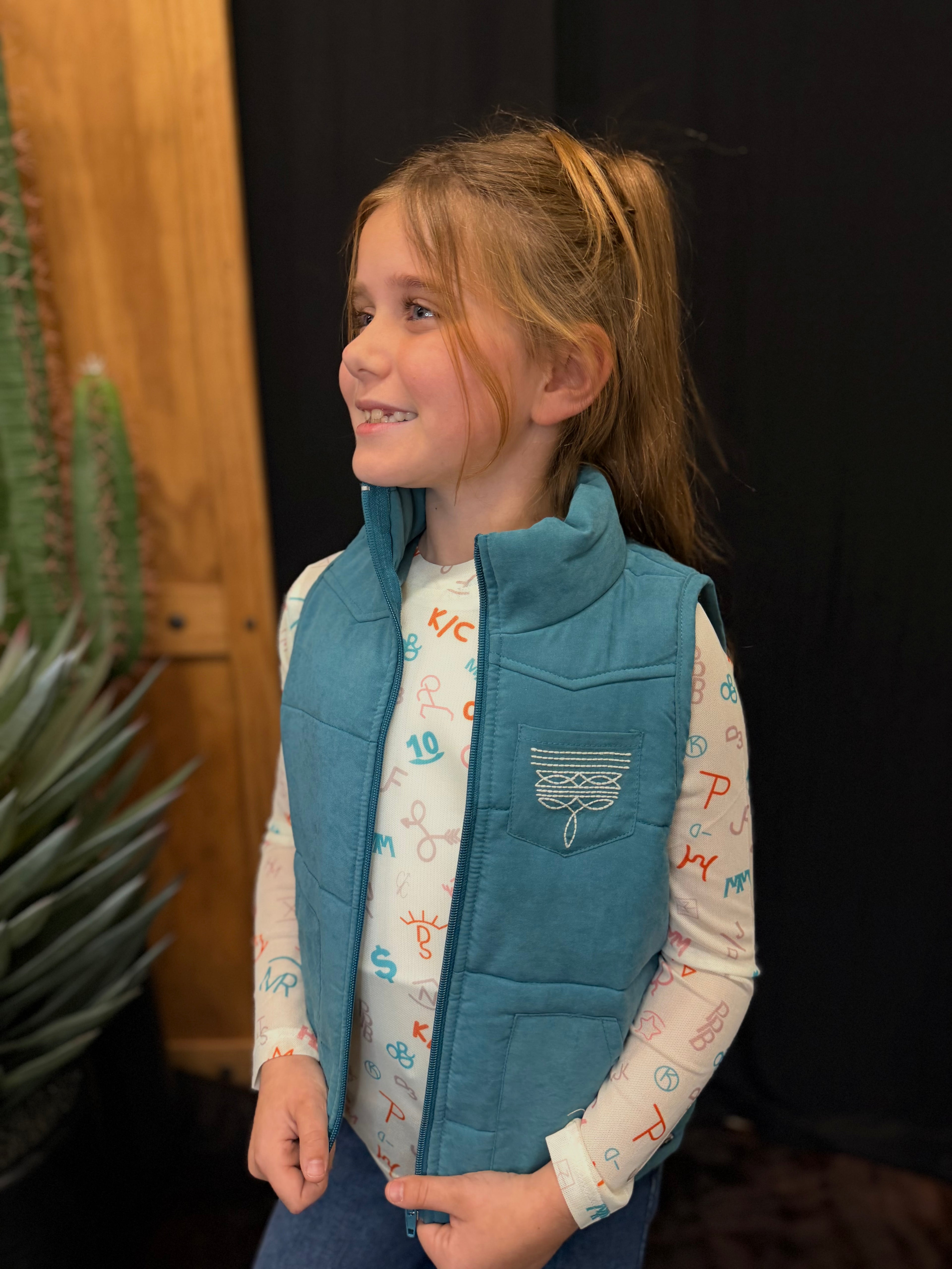 Youth Teal Boot Stitch Faux Suede Puffer Vest