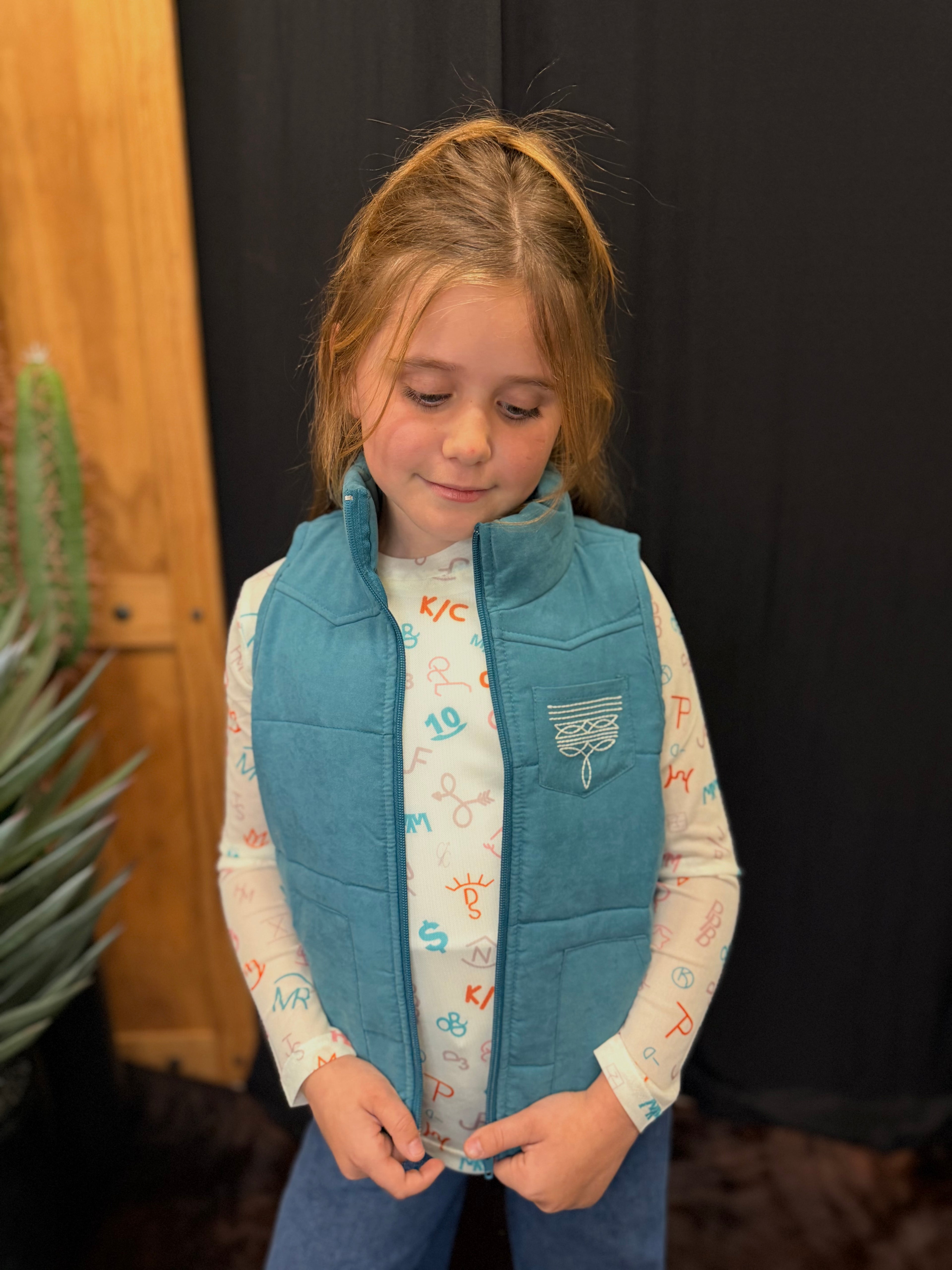 Youth Teal Boot Stitch Faux Suede Puffer Vest