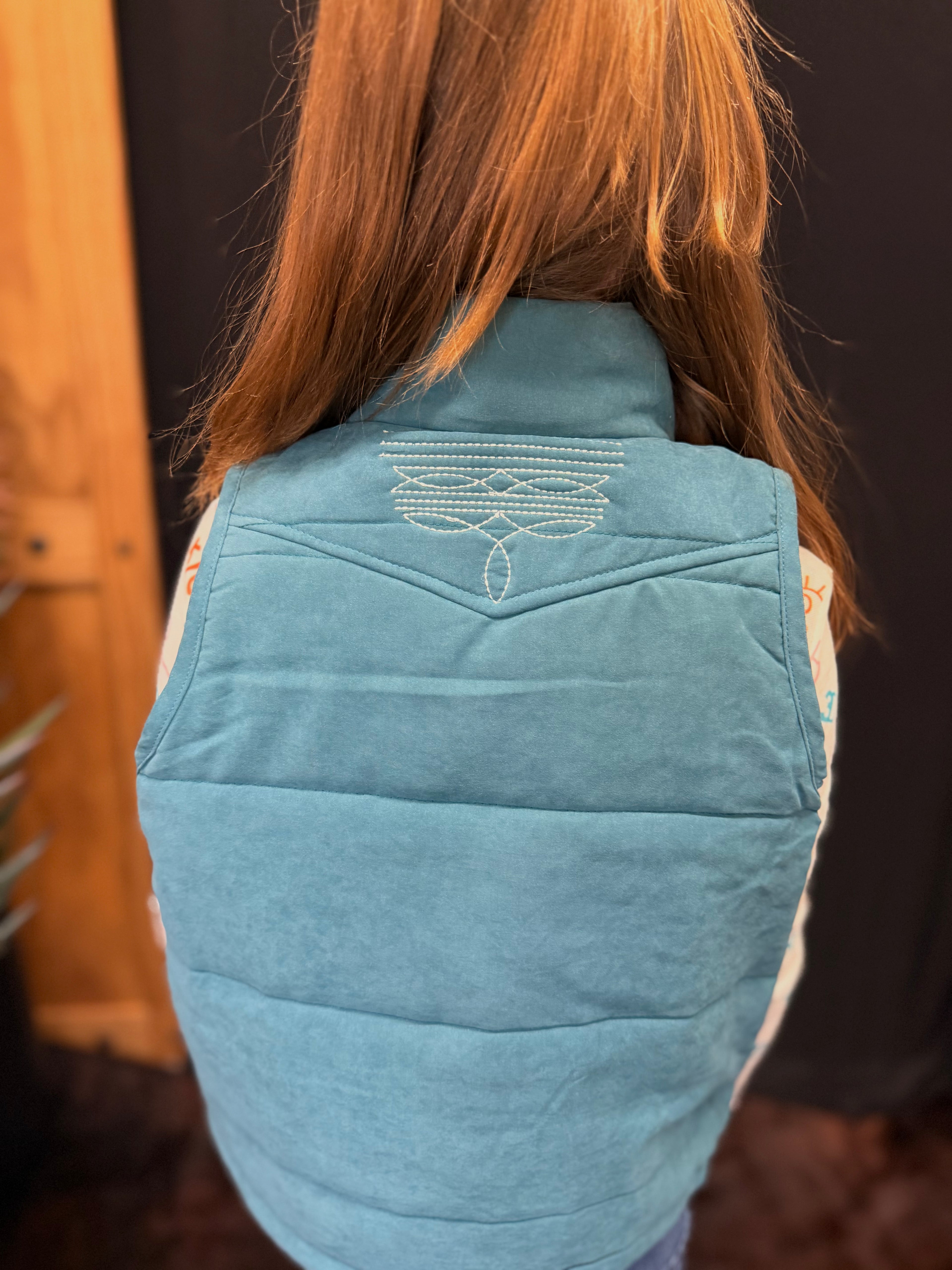 Youth Teal Boot Stitch Faux Suede Puffer Vest