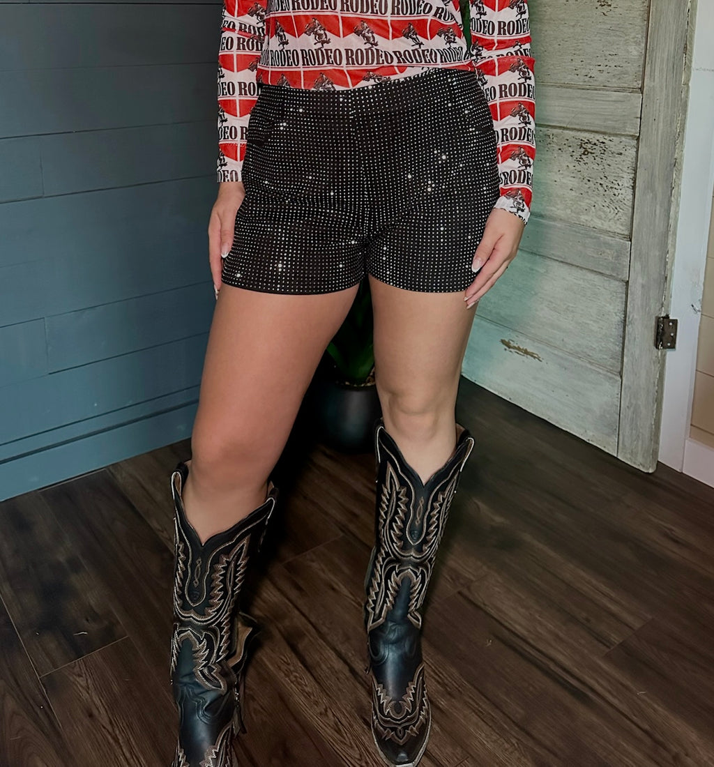 Black Rhinestone Reta Shorts
