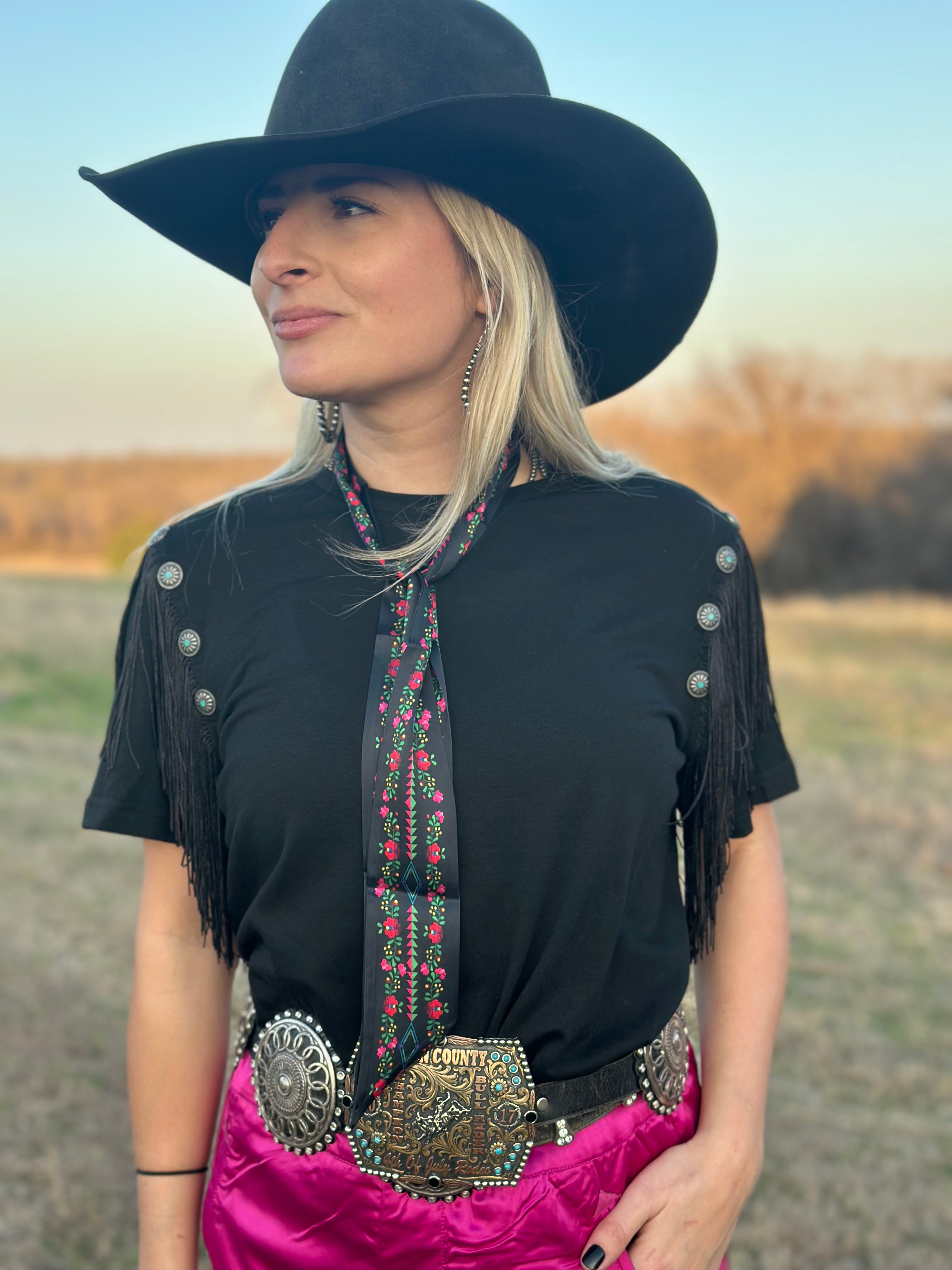 Black Fringe Concho Top