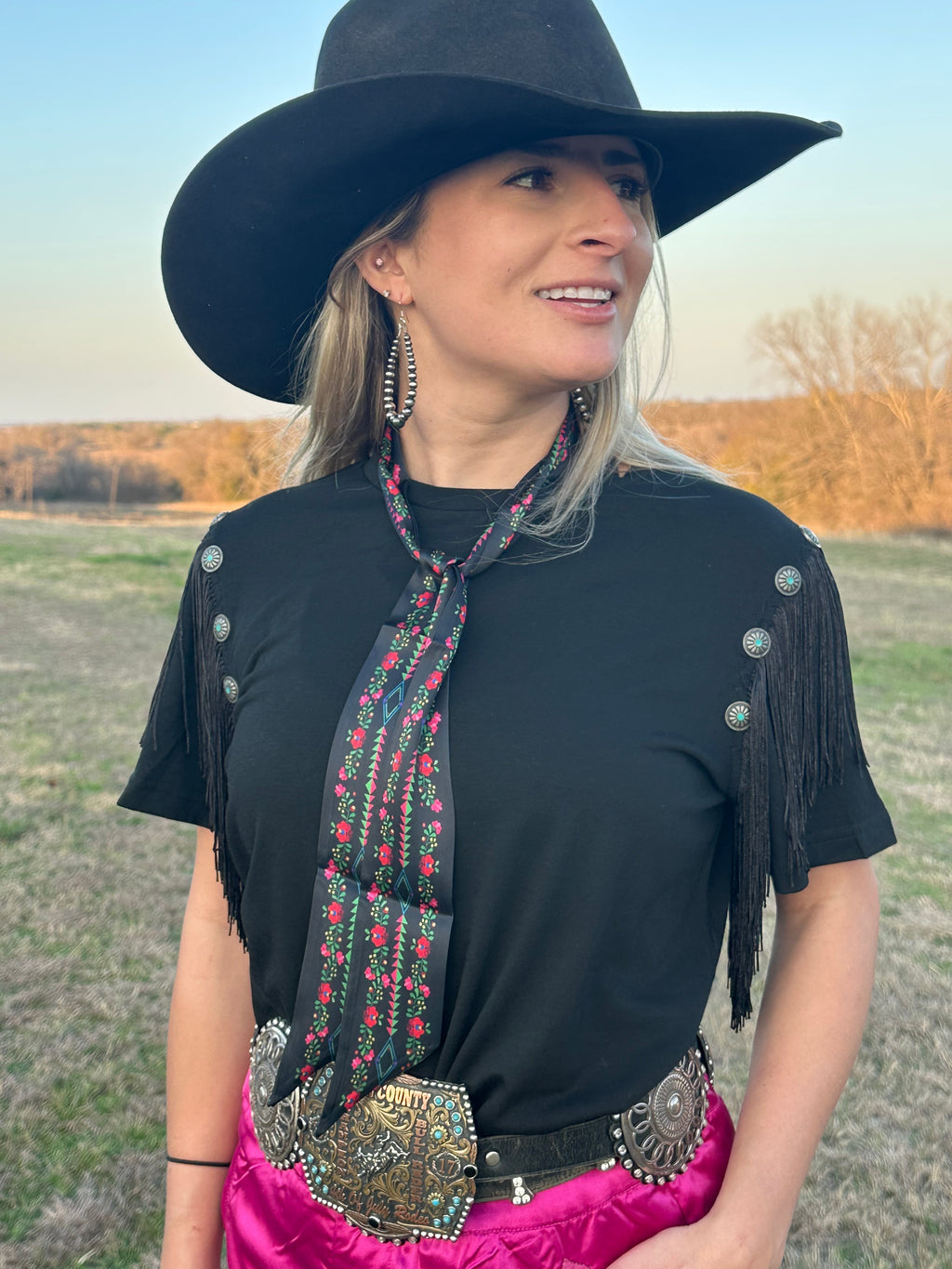 Black Fringe Concho Top
