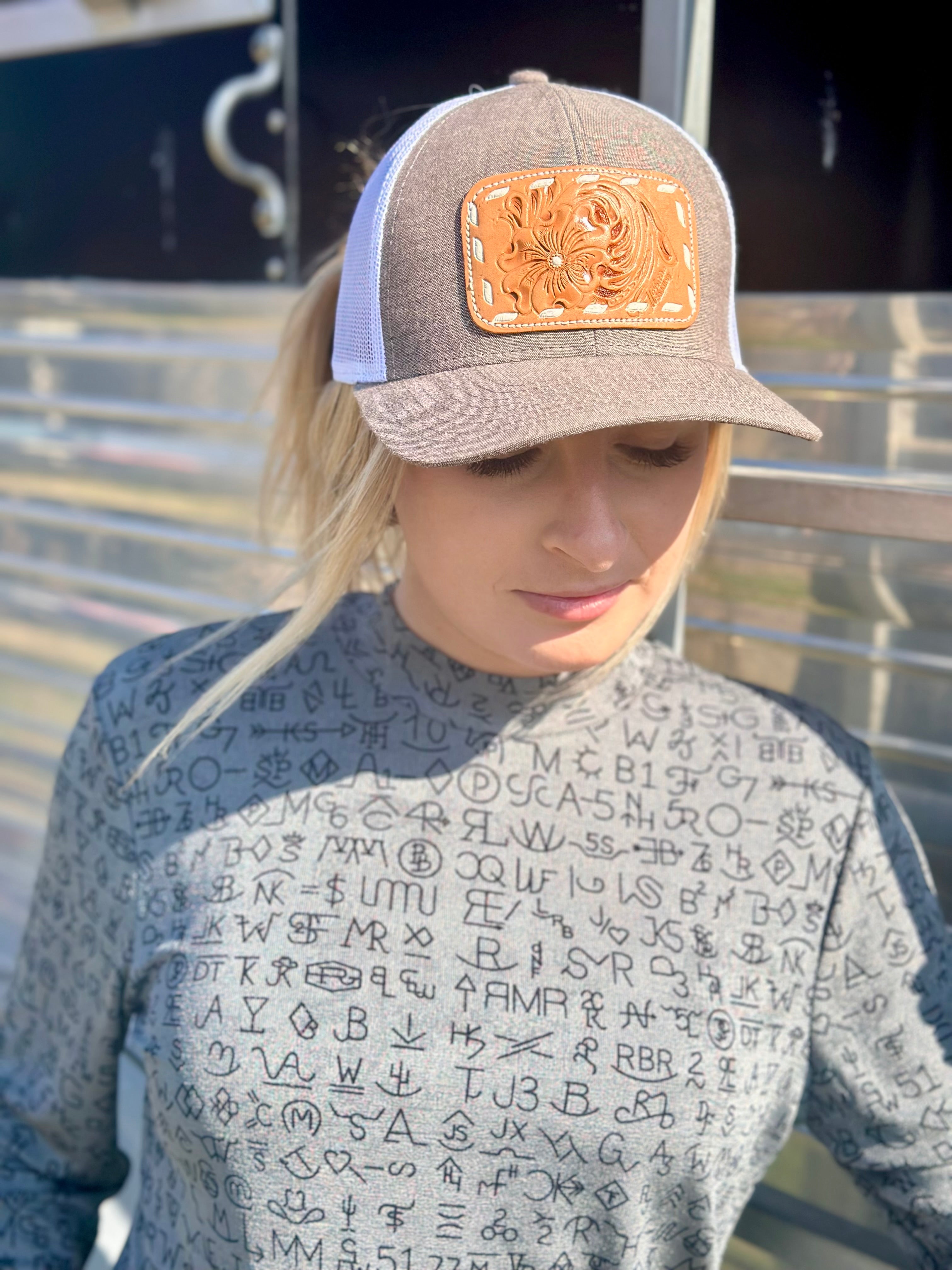 Brown Chambray Western Tooled Patch Hat