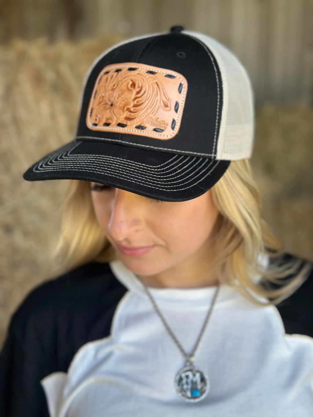 Black Tooled Leather Patch Hat