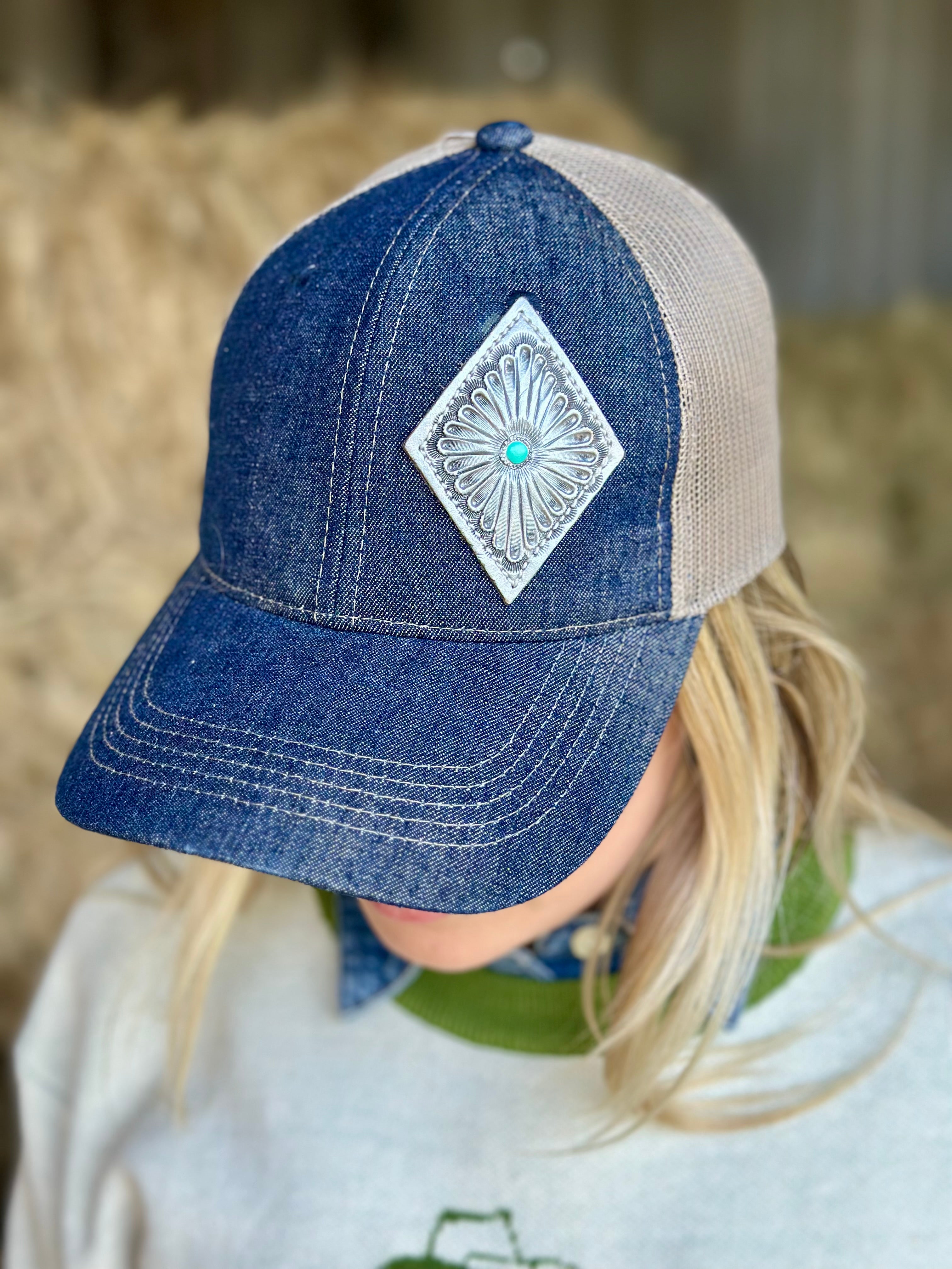 Denim Silver Leather Concho Hat