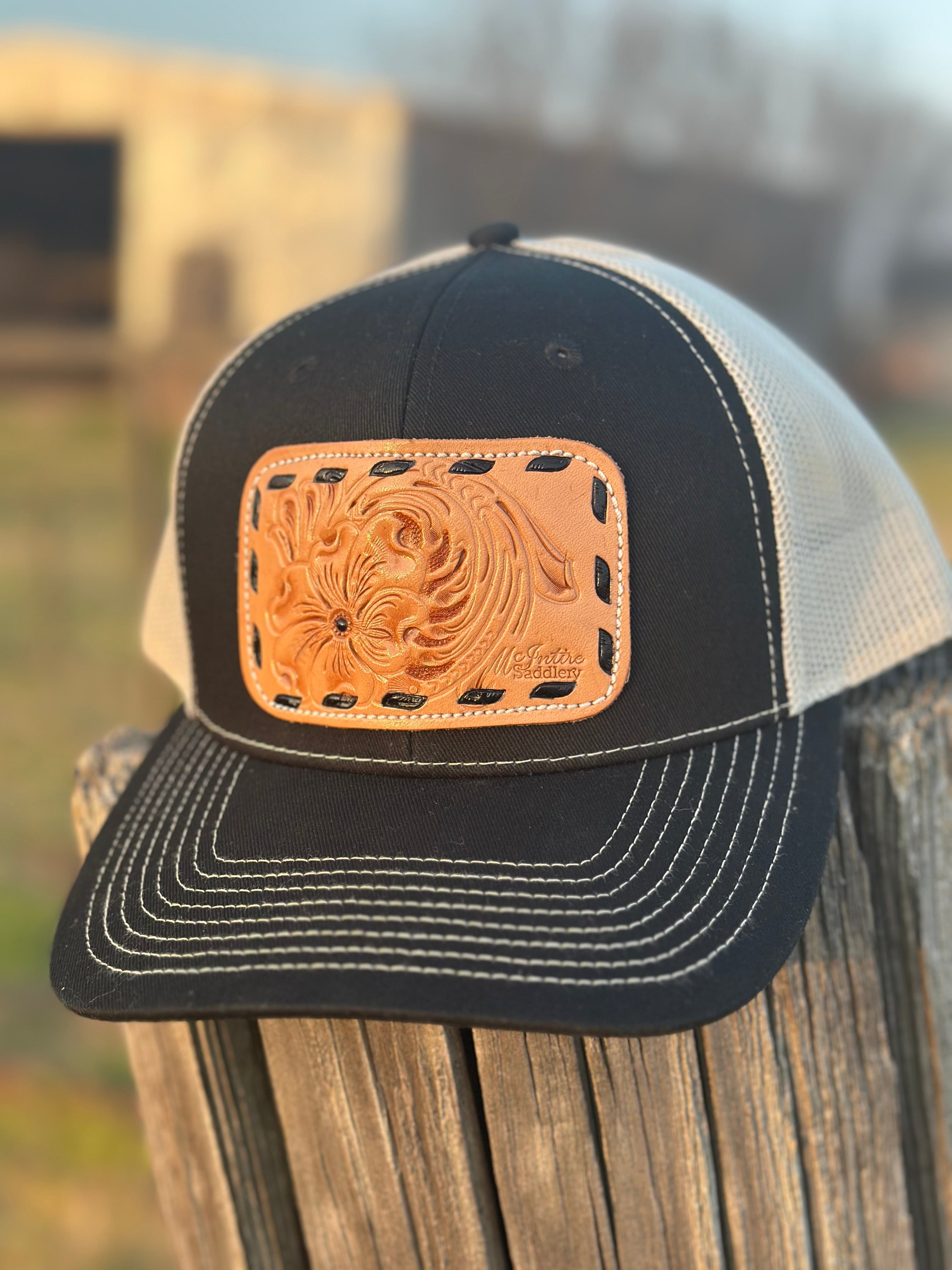 Black Tooled Leather Patch Hat