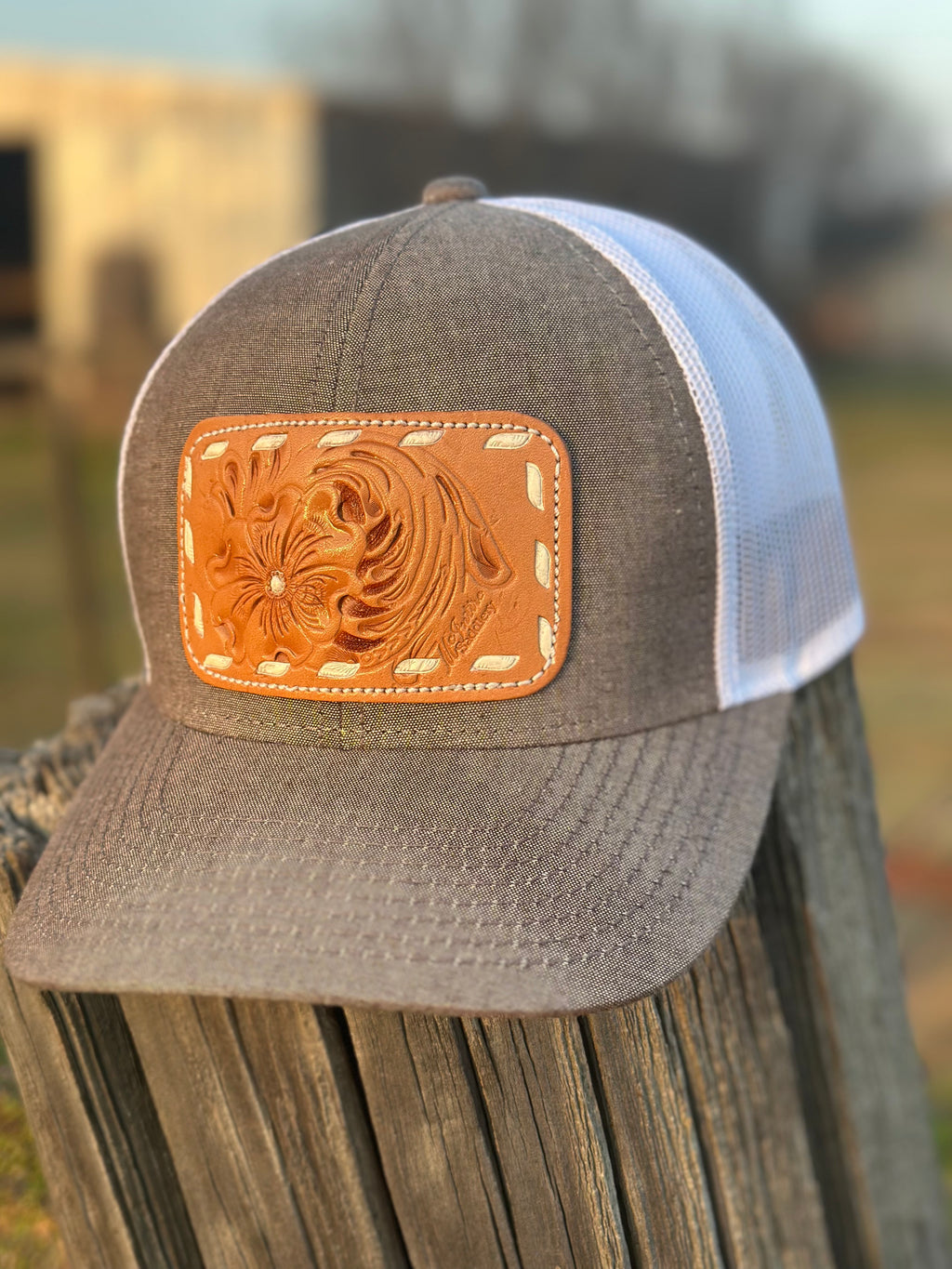 Brown Chambray Western Tooled Patch Hat