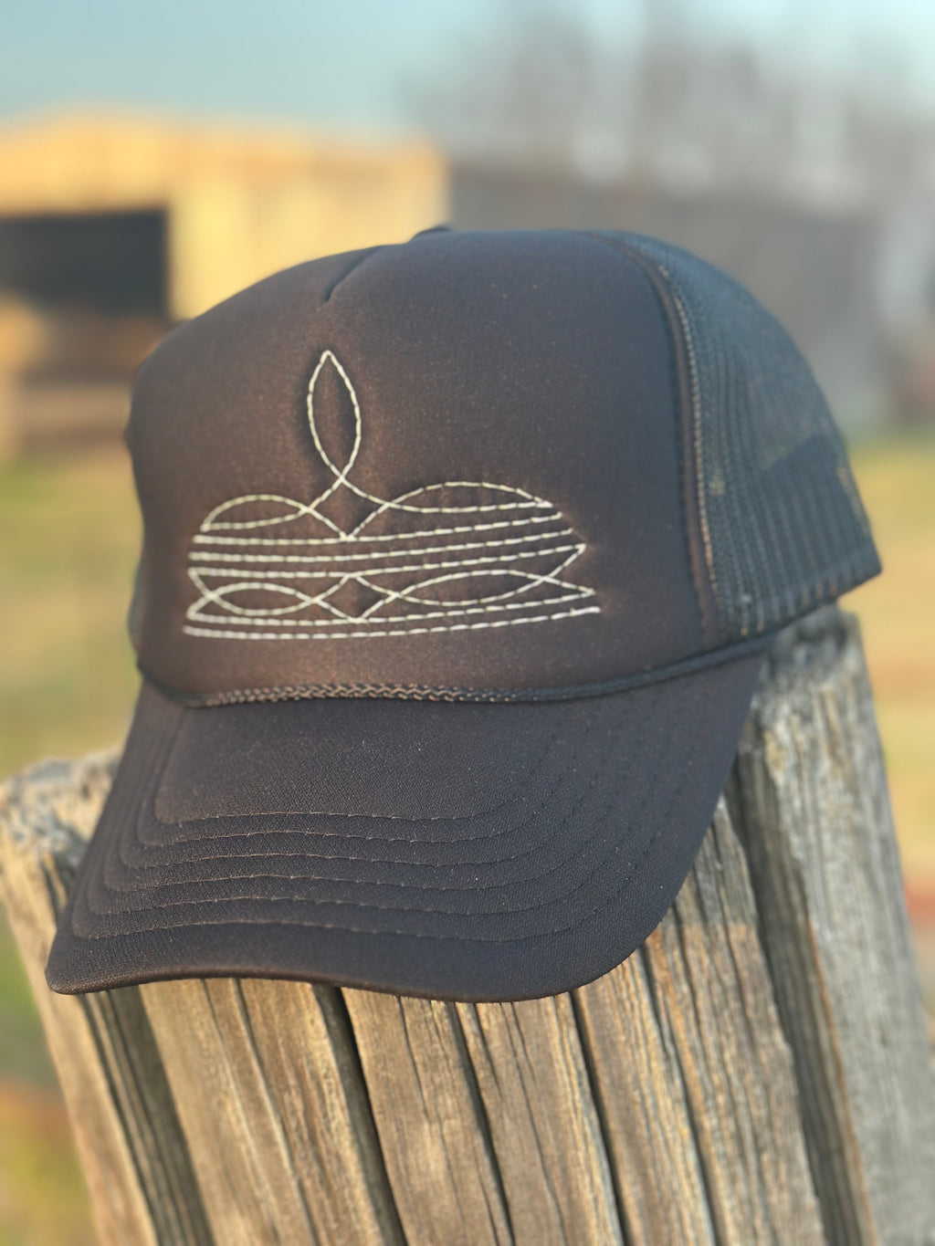 Black with White Boot Stitch Hat