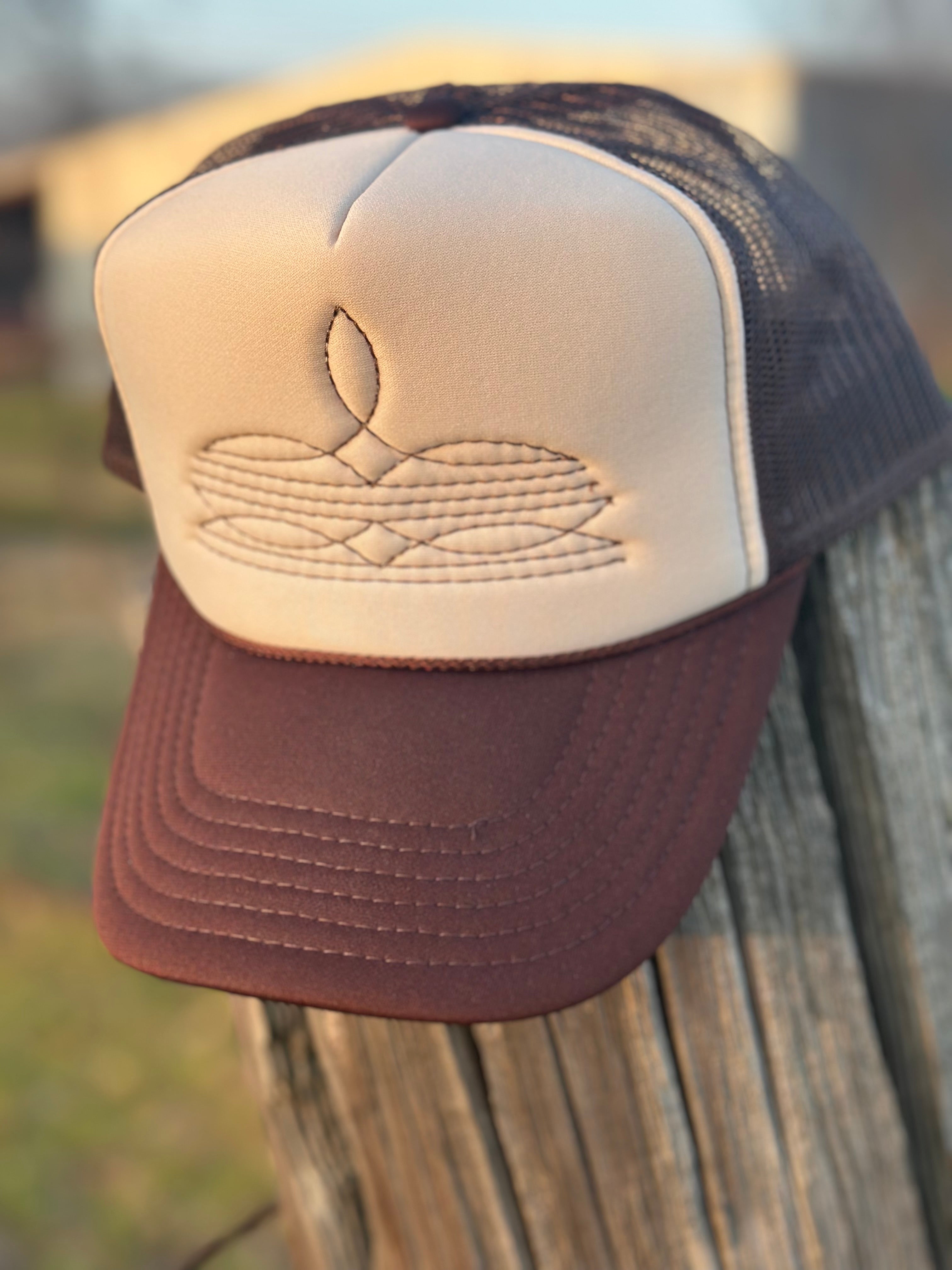 Cream Brown Boot Stitch Hat