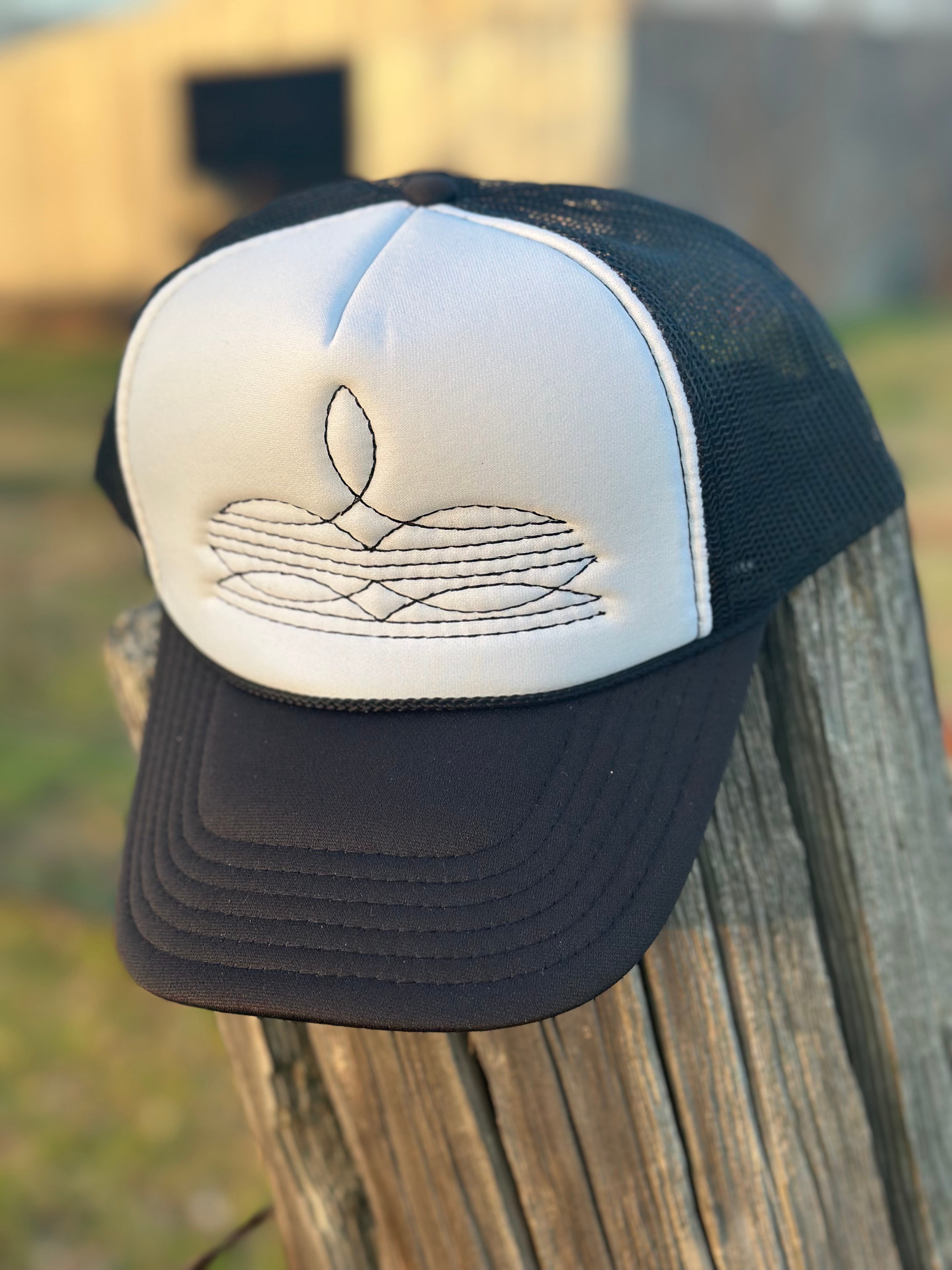 White With Black Boot Stitch Hat