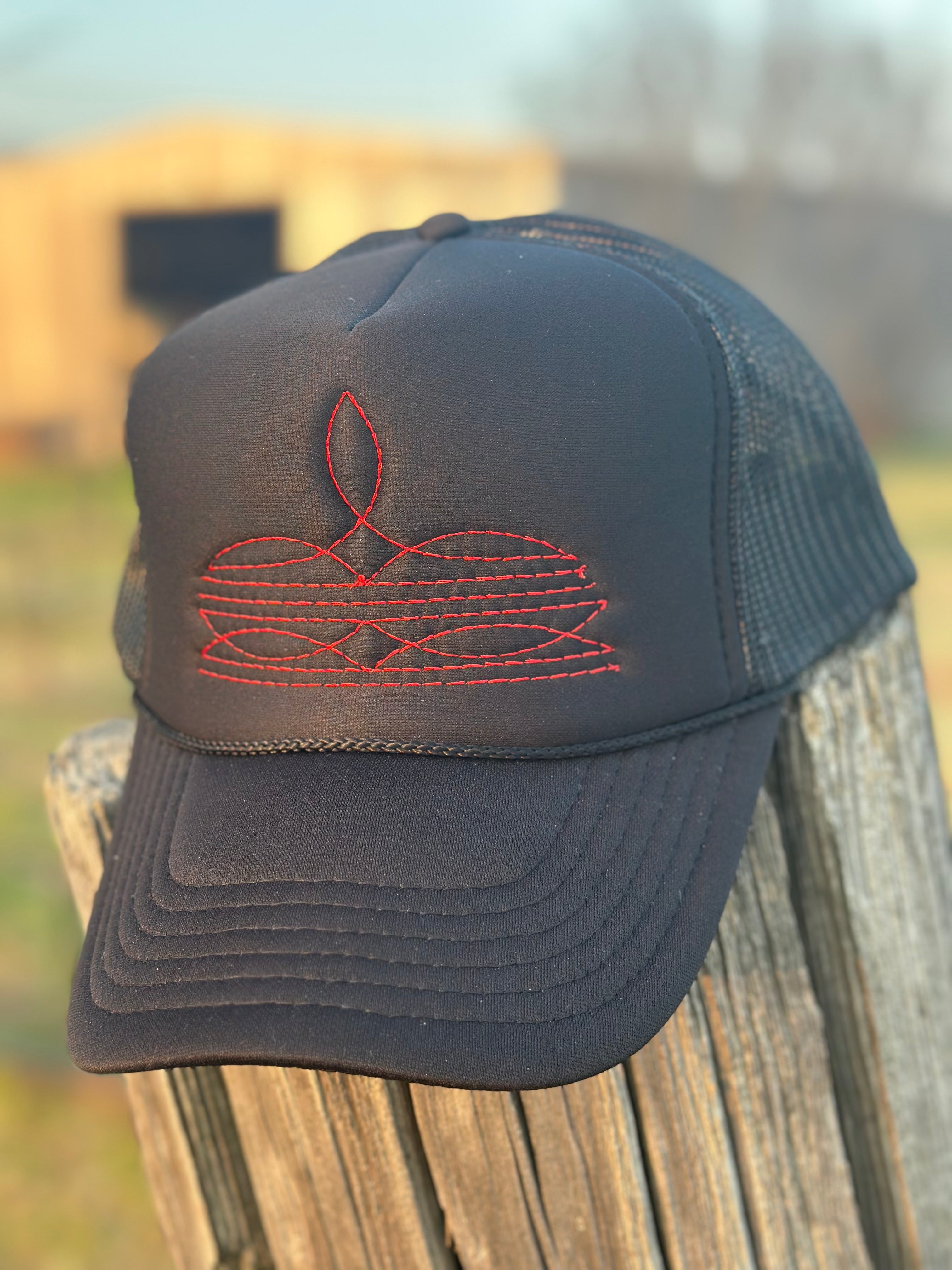 Black With Red Boot Stitch Hat