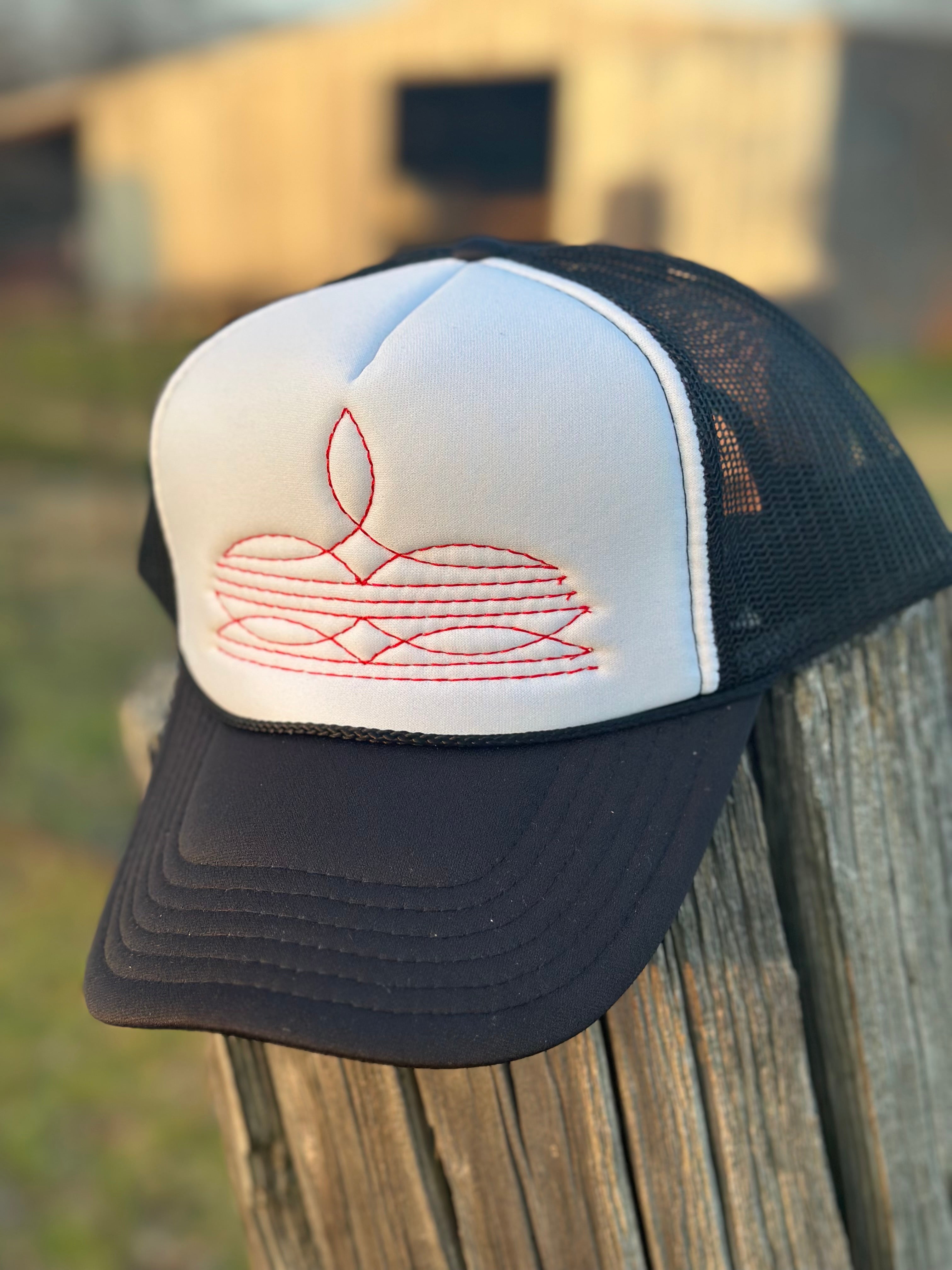 White Black With Red Boot Stitch Hat