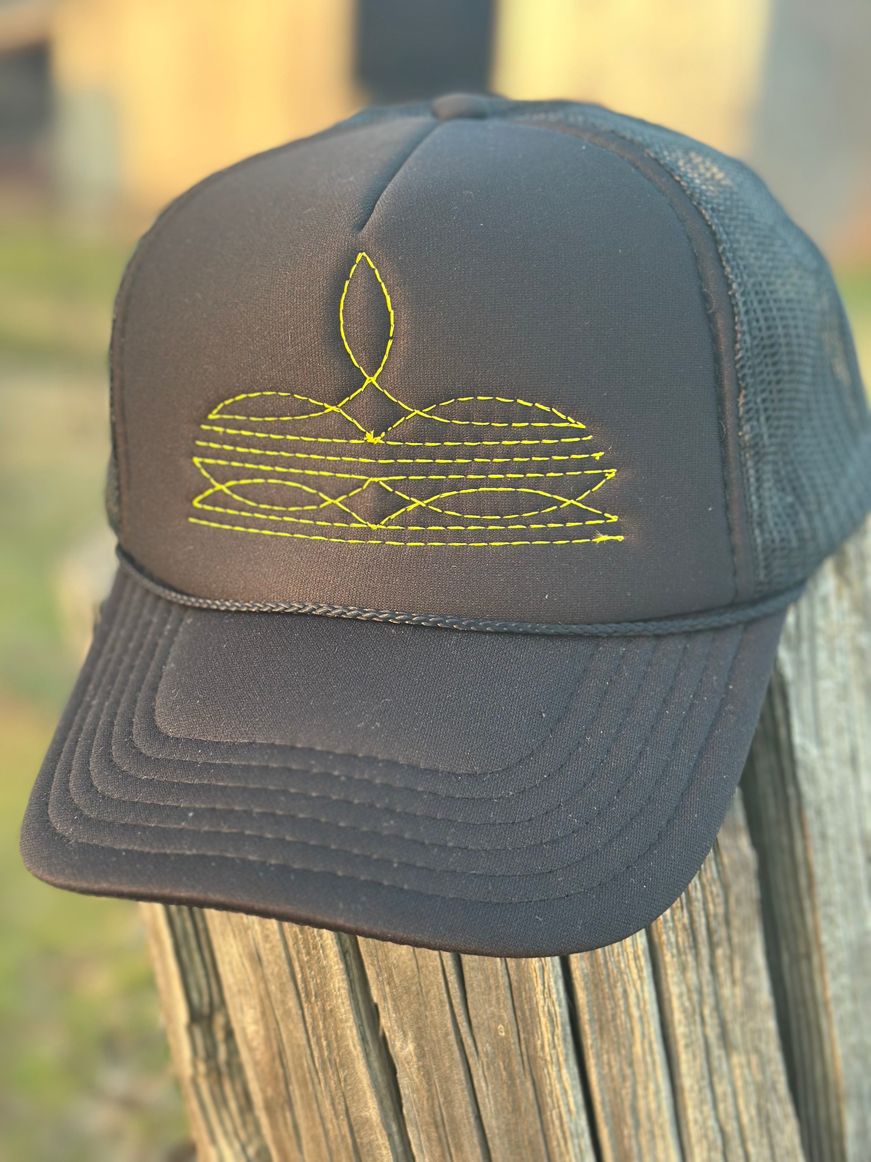 Black With Yellow Boot Stitch Hat