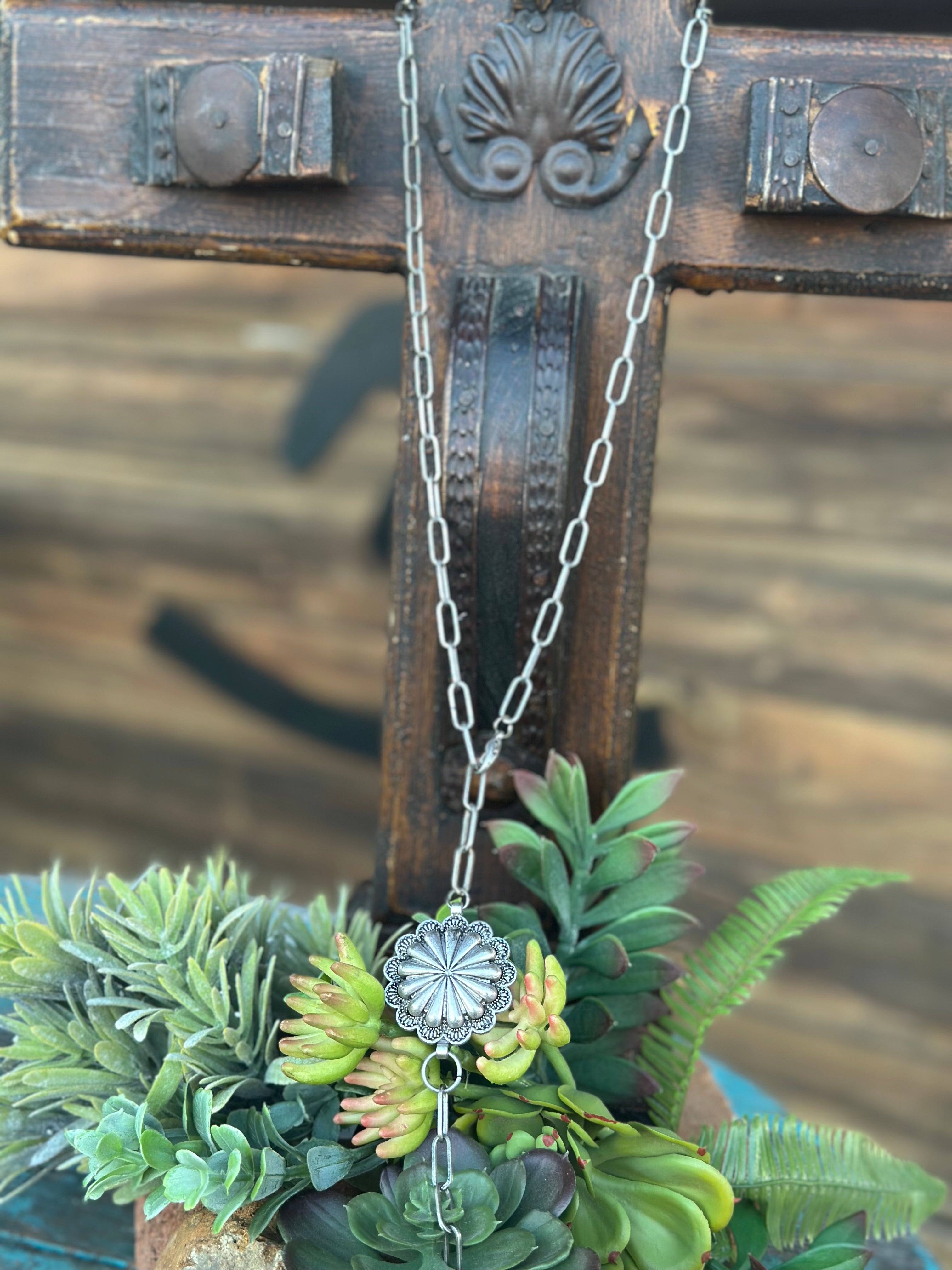 Silver Chain & Concho Lariat Necklace