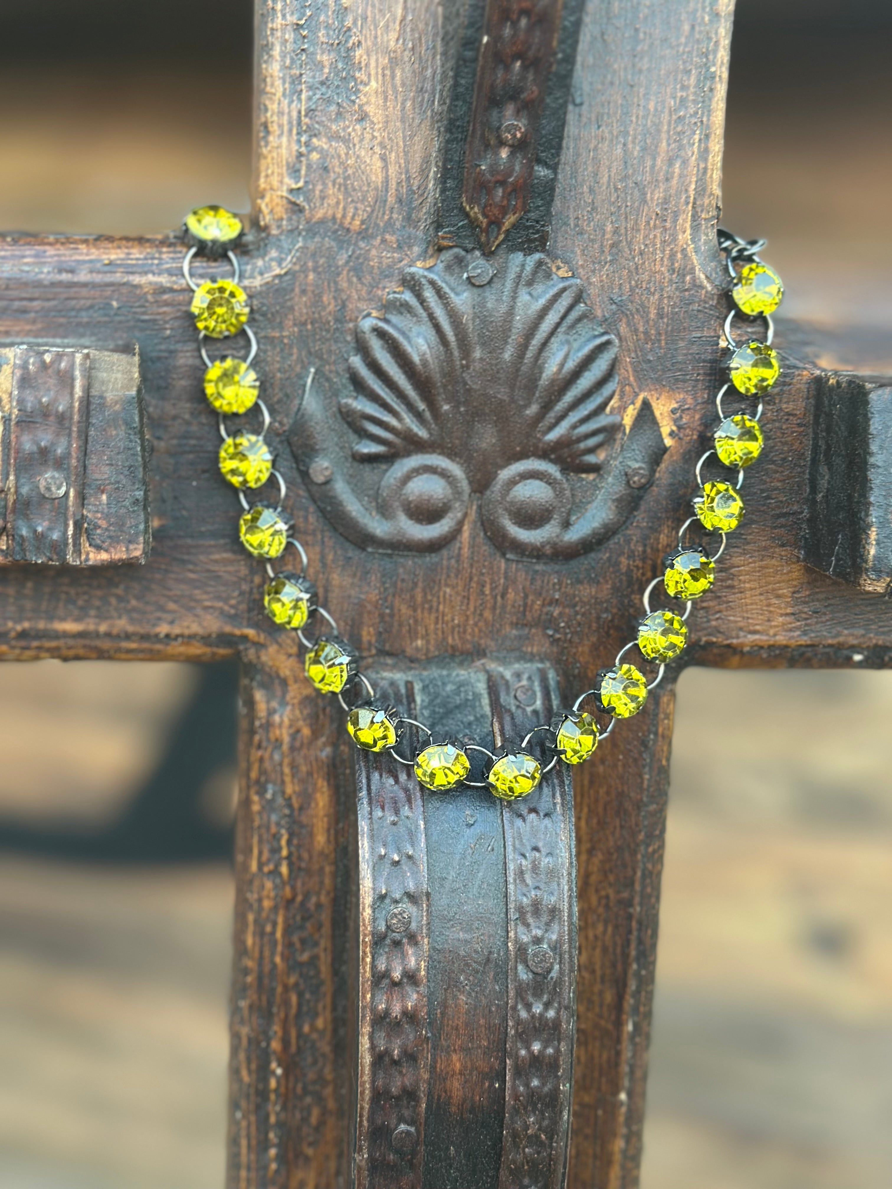 Chartreusse Crystal Stone with Silver & Pewter Links