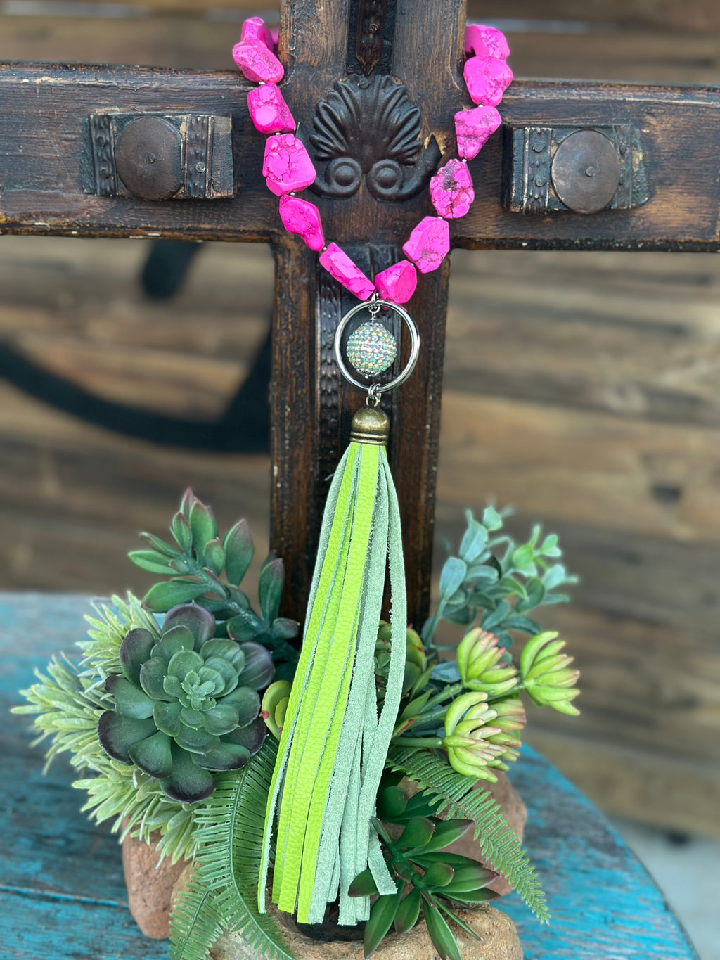 Chunky Pink Stone with AB Crystal Ball/ Lime Green Leather Fringe Tassel