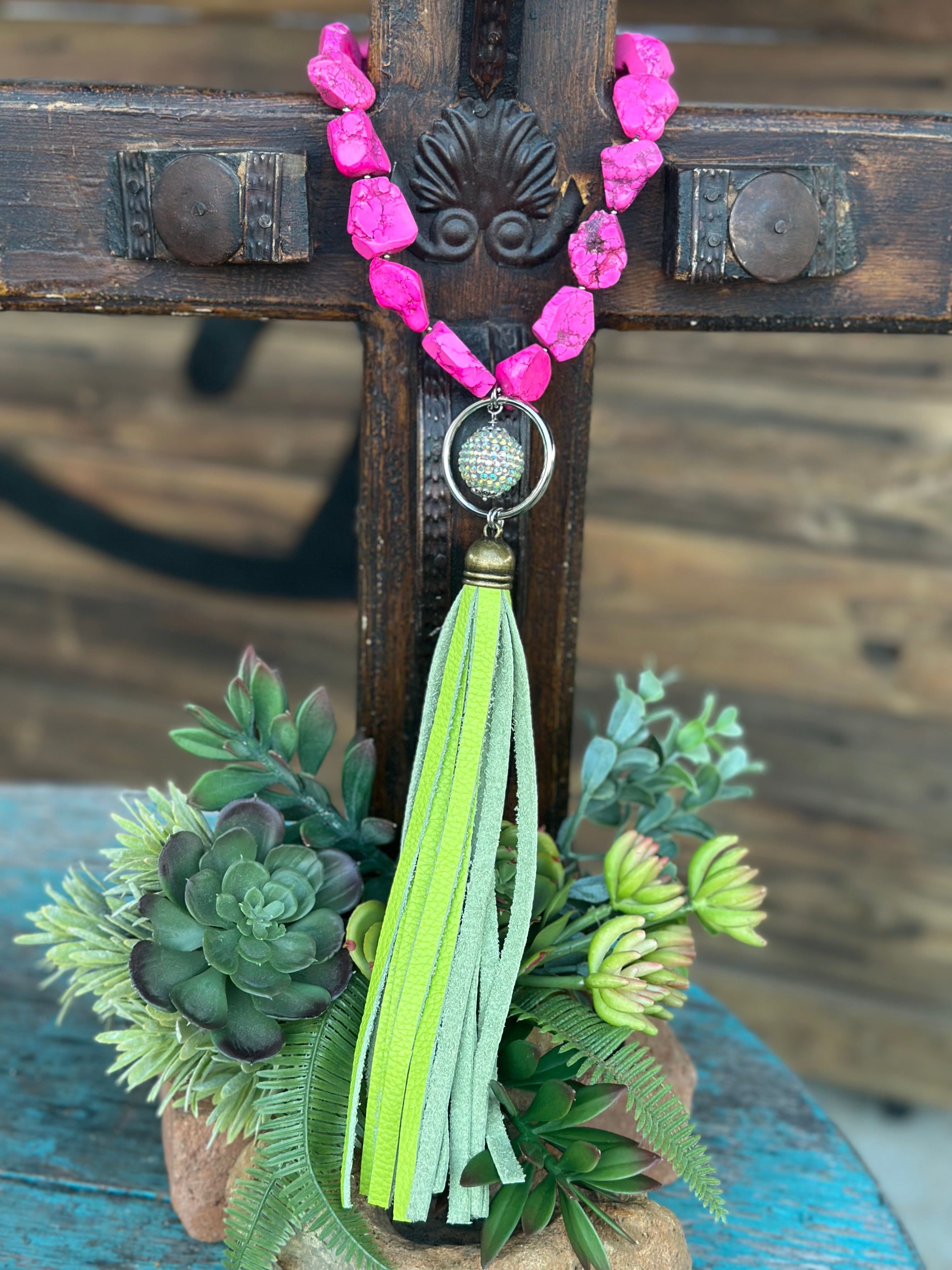 Chunky Pink Stone with AB Crystal Ball/ Lime Green Leather Fringe Tassel