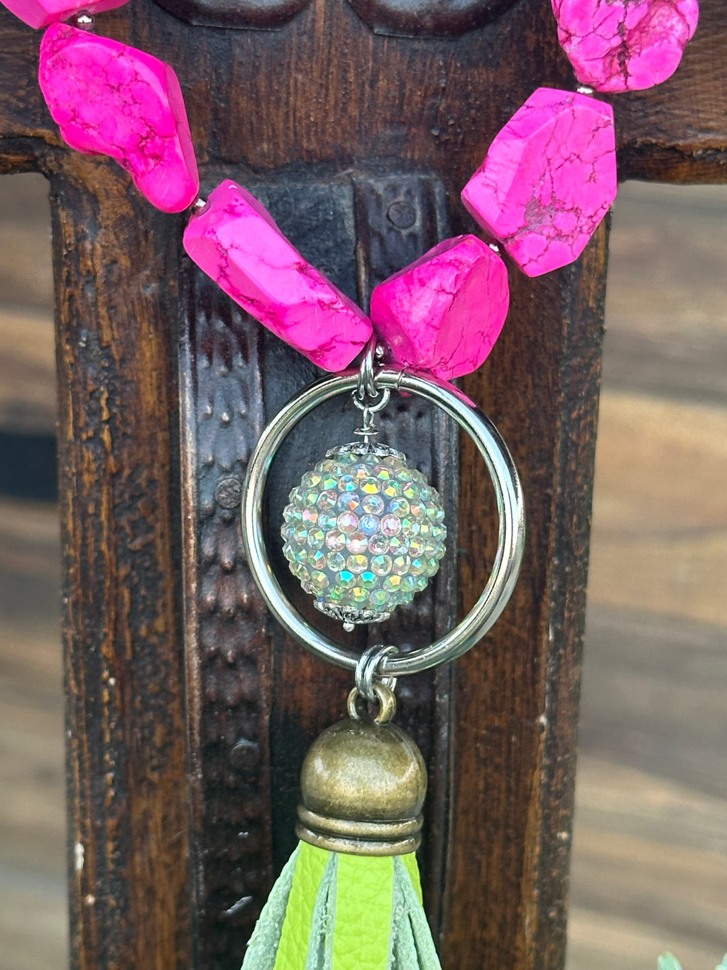 Chunky Pink Stone with AB Crystal Ball/ Lime Green Leather Fringe Tassel