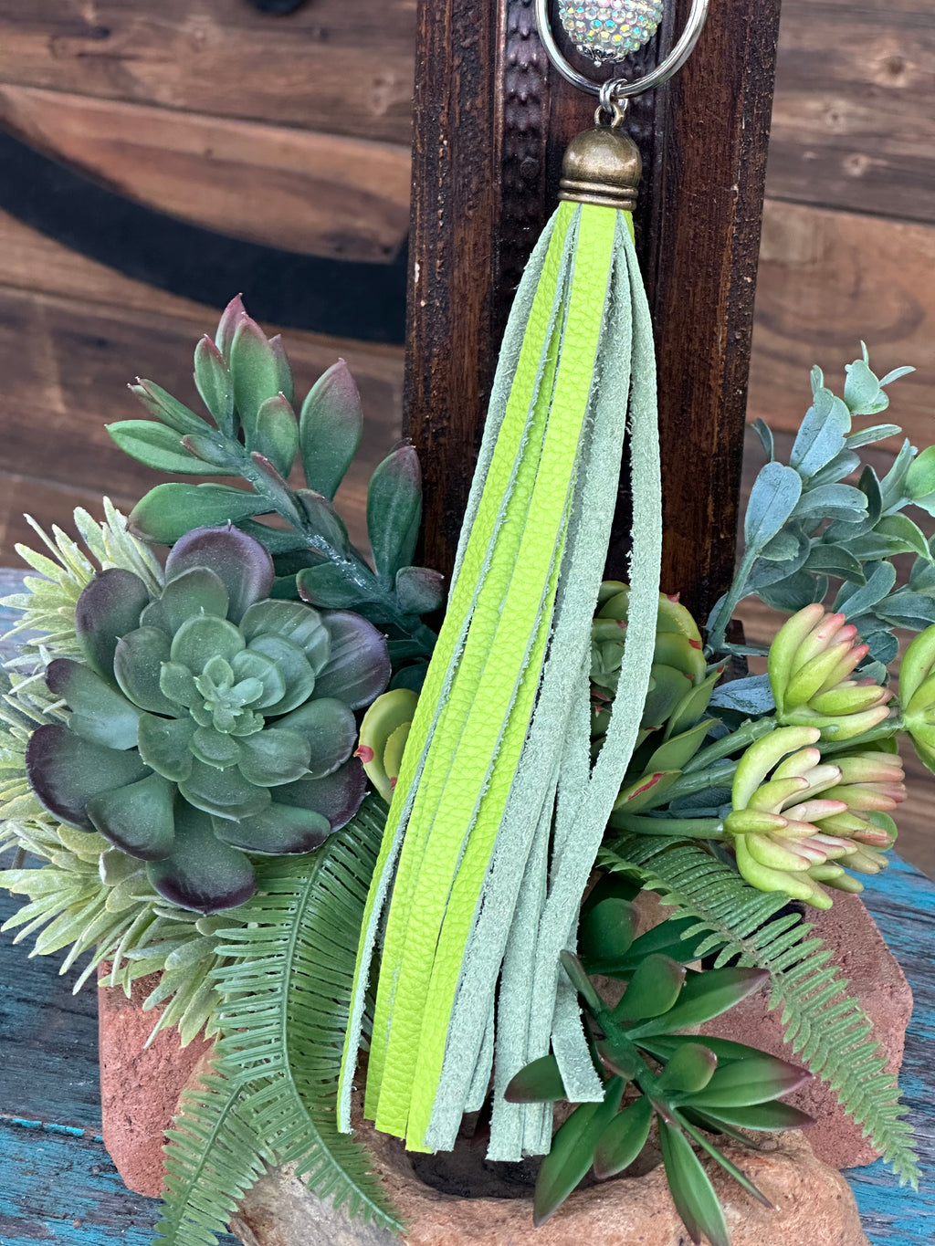 Chunky Pink Stone with AB Crystal Ball/ Lime Green Leather Fringe Tassel