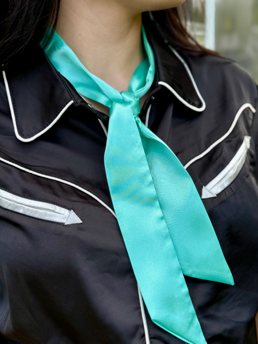 Black Satin Short Sleeve Pearl Snap