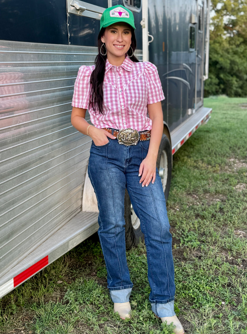 Pink Gingham Short Sleeve Pearl Snap