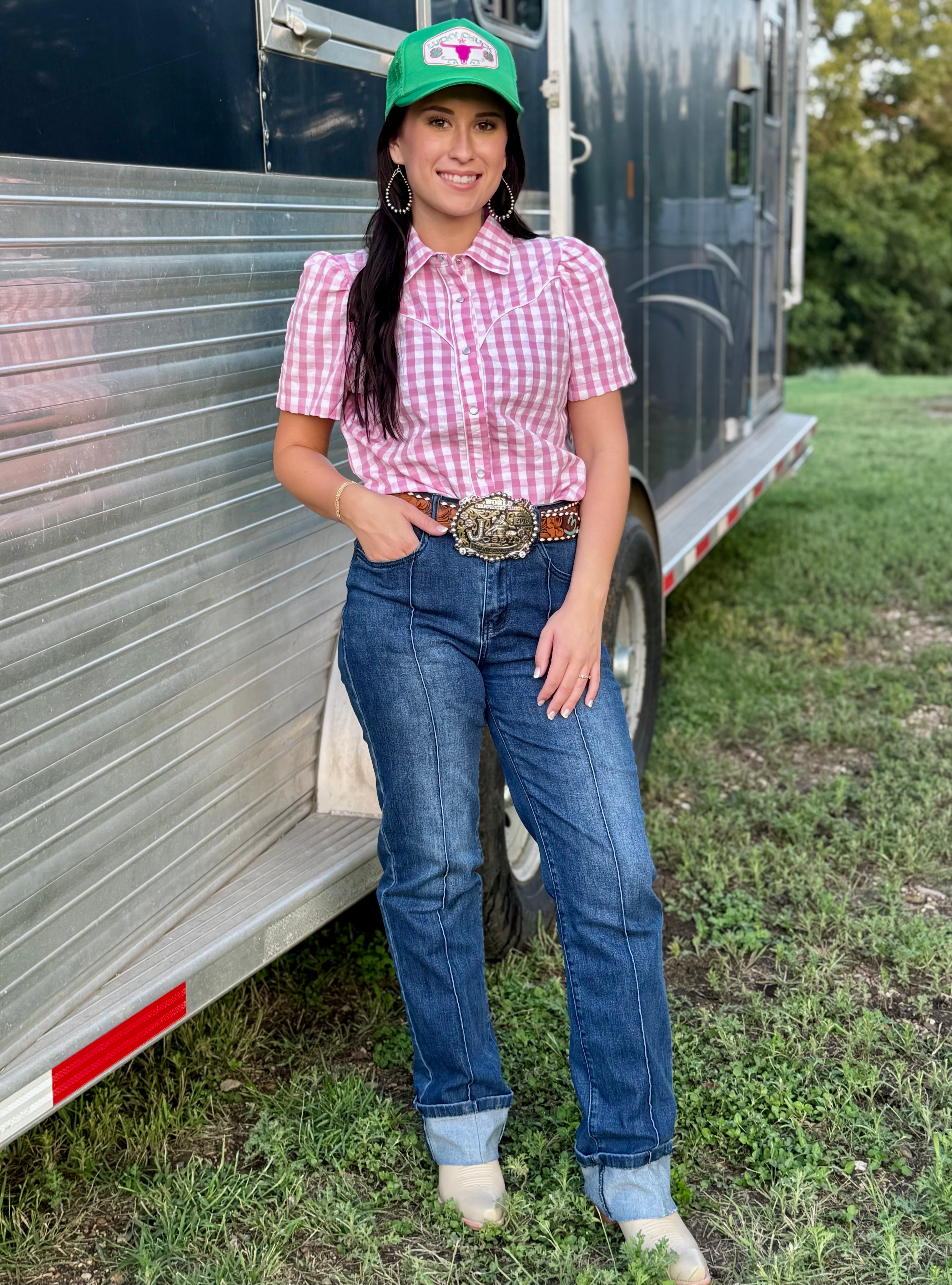 Pink Gingham Short Sleeve Pearl Snap