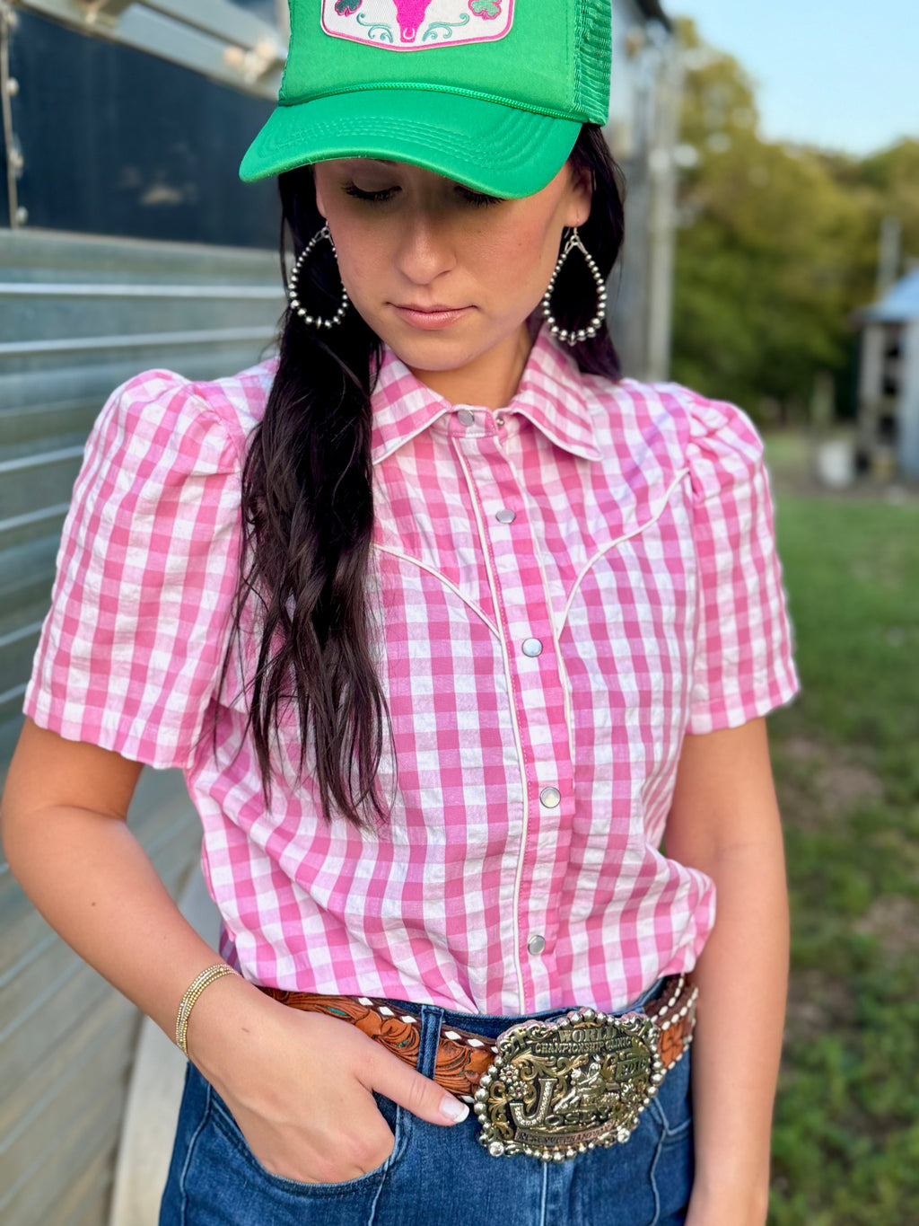 Pink Gingham Short Sleeve Pearl Snap