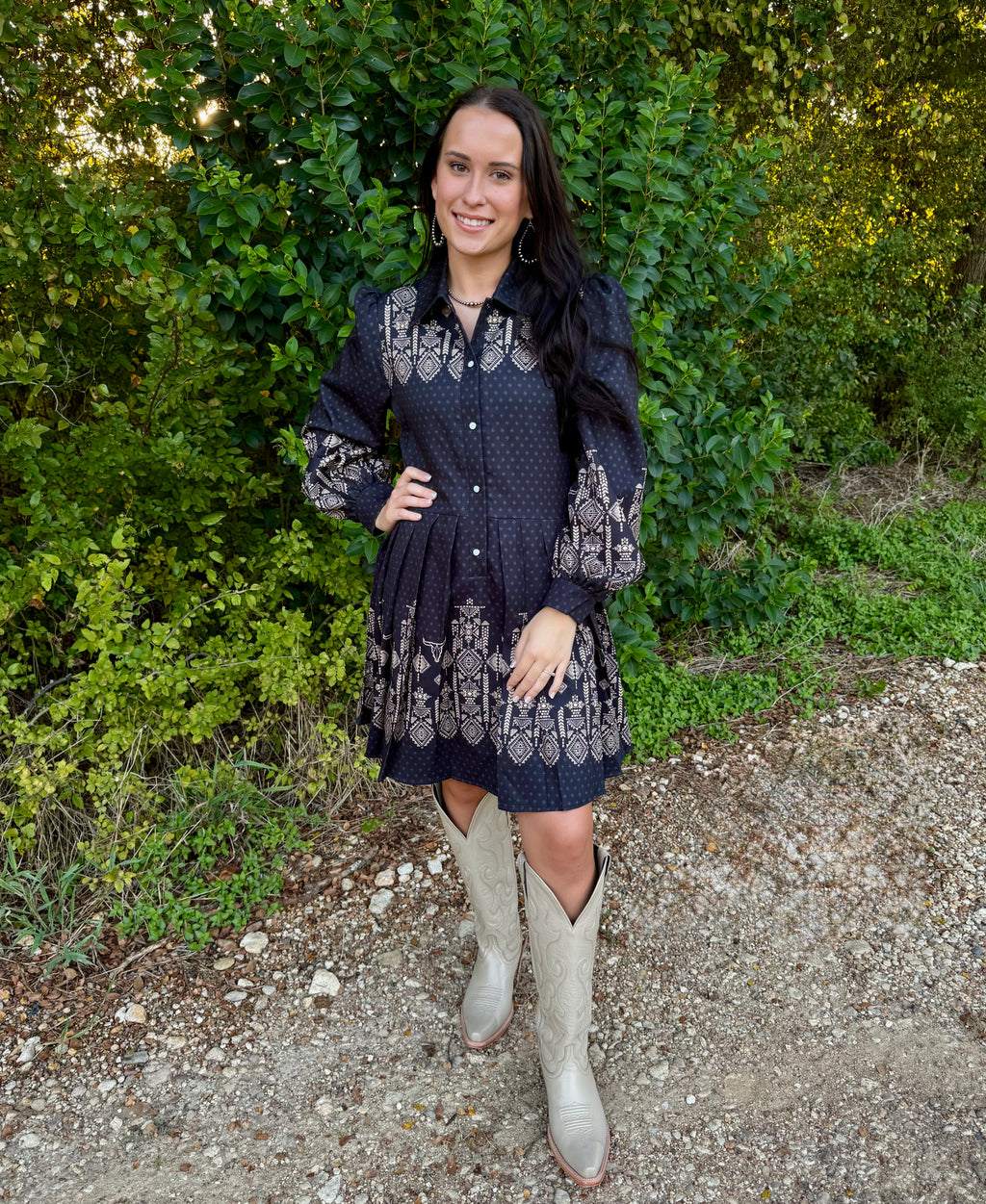 Black Aztec Pearl Snap Dress