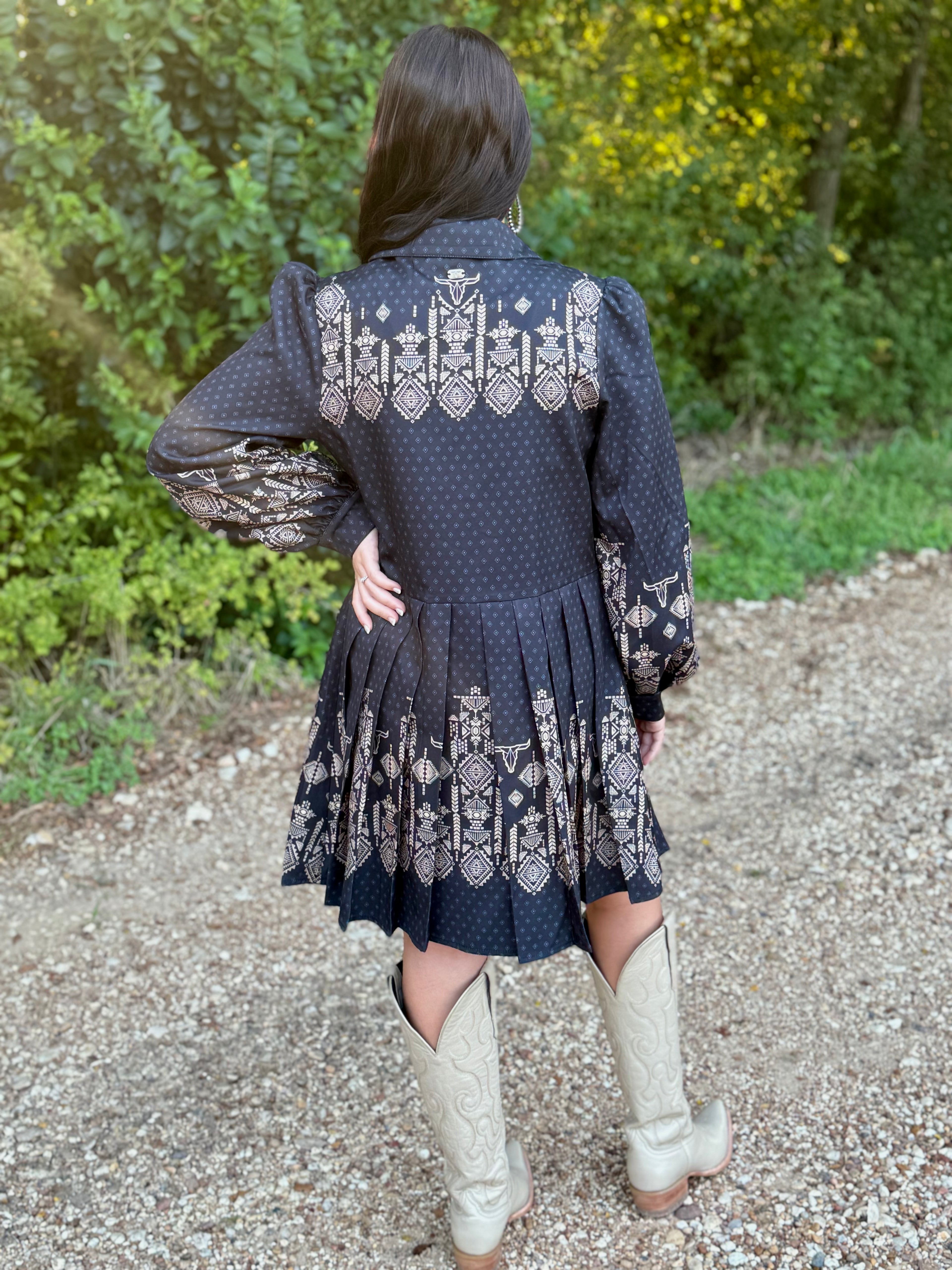 Black Aztec Pearl Snap Dress