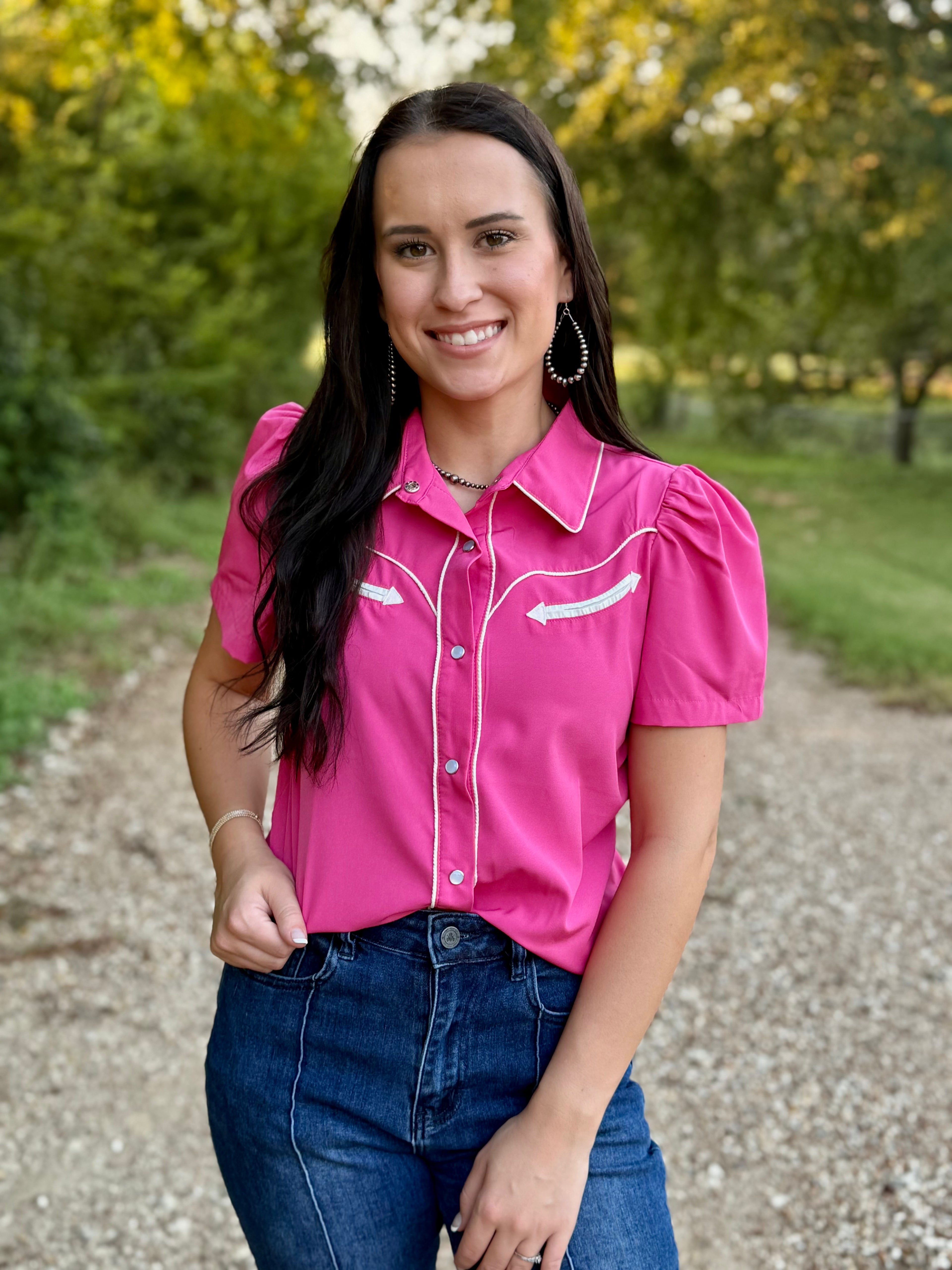 Pink Short Sleeve Pearl Snap Shirt
